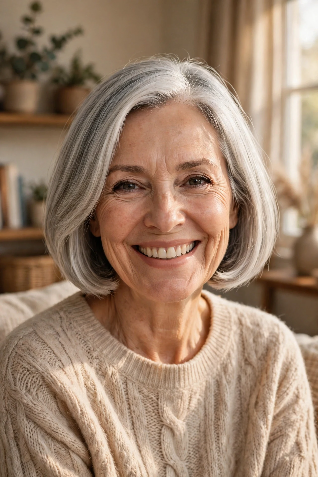 italian bob for older women styles on a smiling woman in her 60s with silver hair