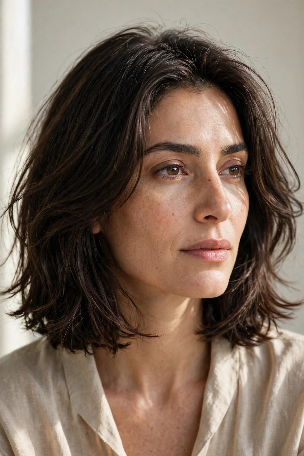 Grown-out Italian cut at shoulder length on a Middle Eastern woman in her 30s