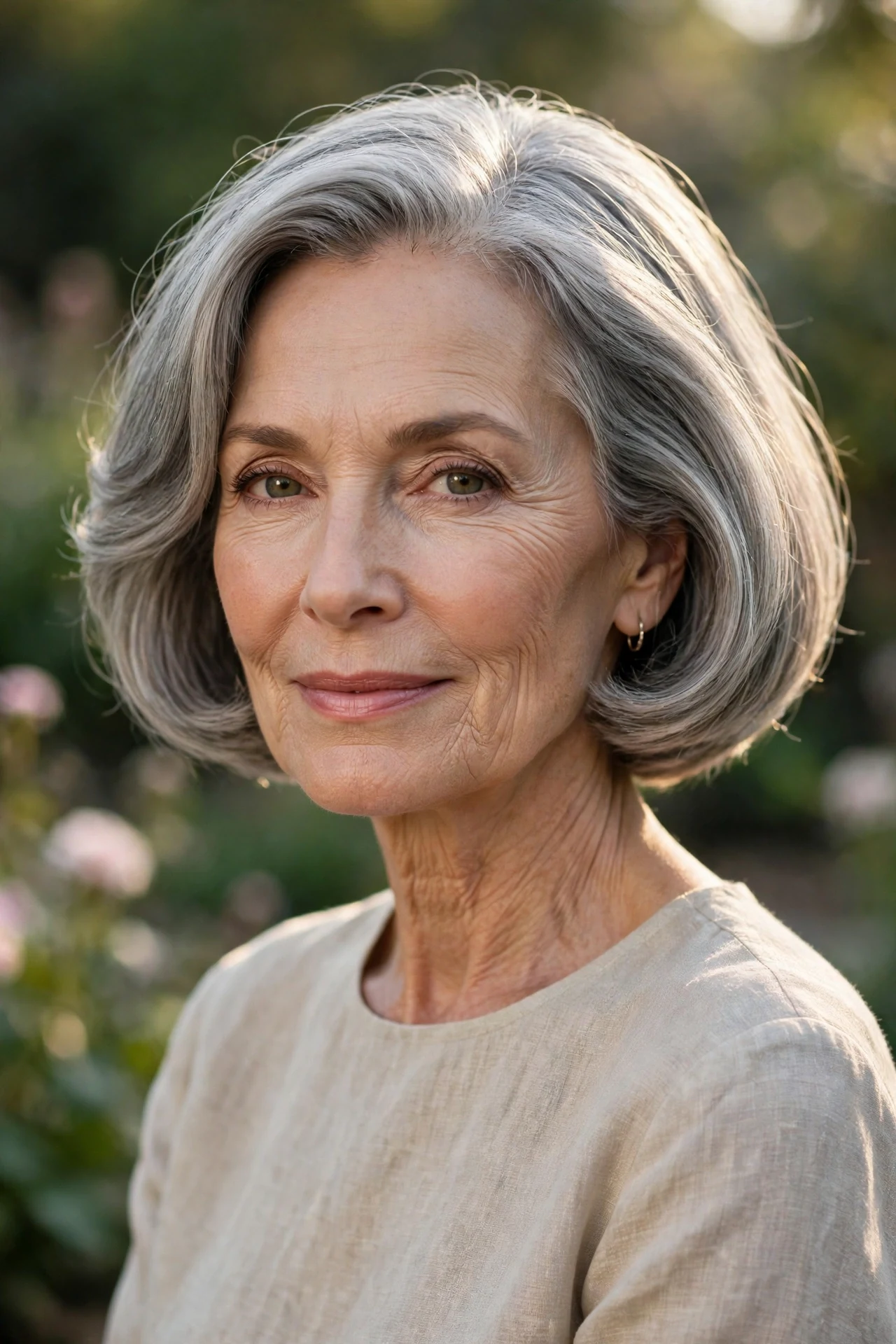 Flattering Italian cut on a Caucasian woman in her 60s with gray hair