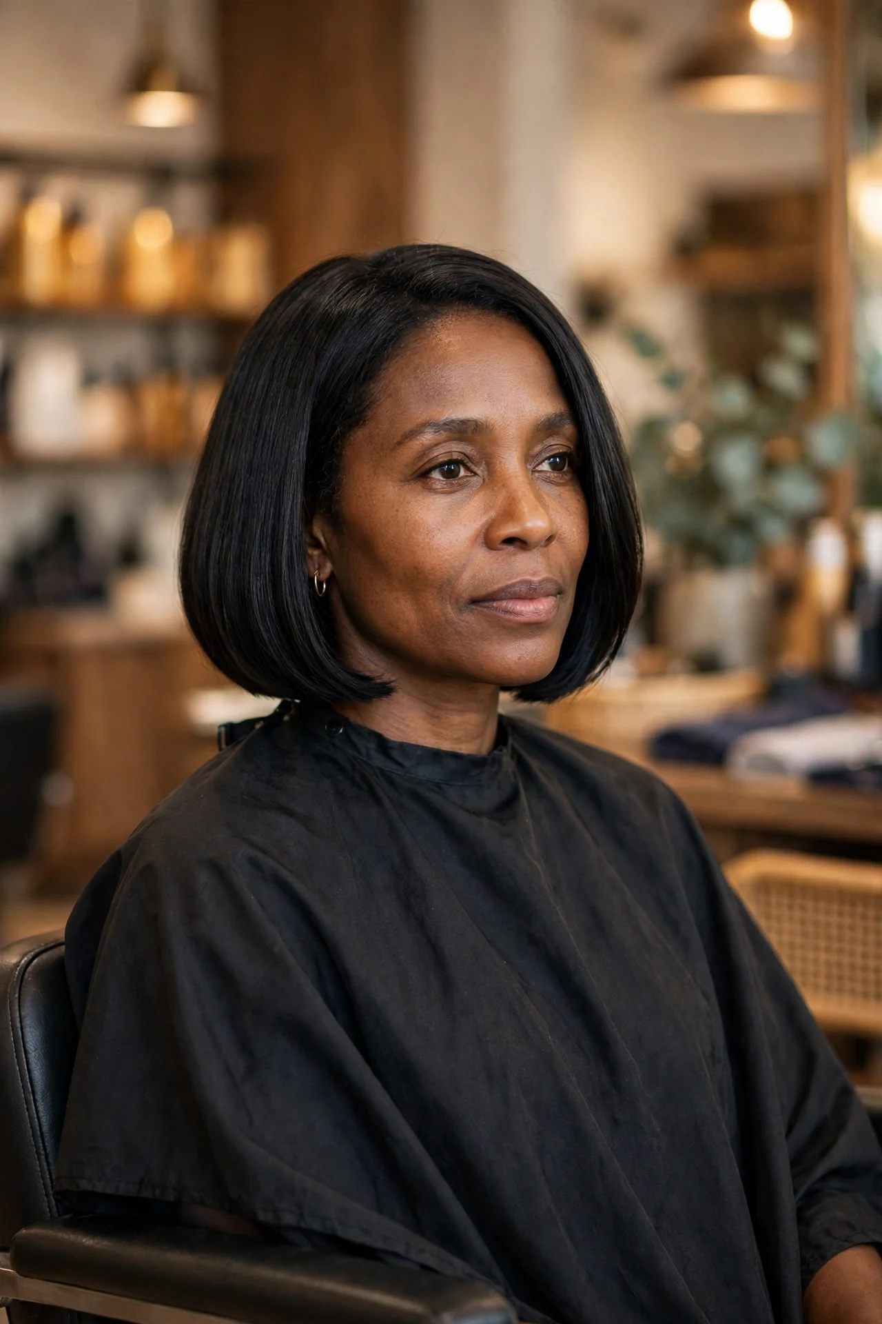 Woman with an Italian cut consulting her stylist in a salon chair
