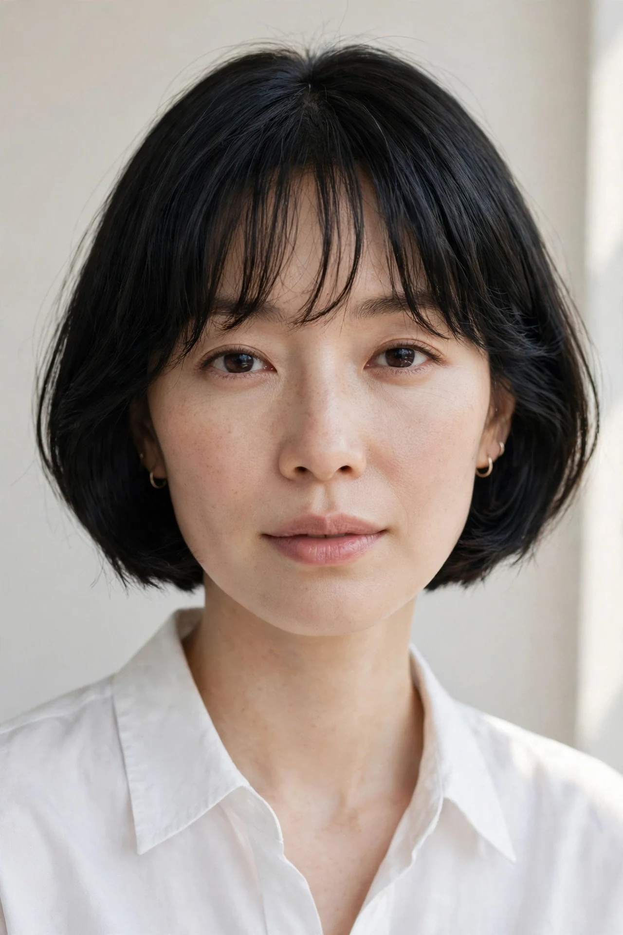 Italian cut with a soft piece-y fringe on an East Asian woman in her 30s