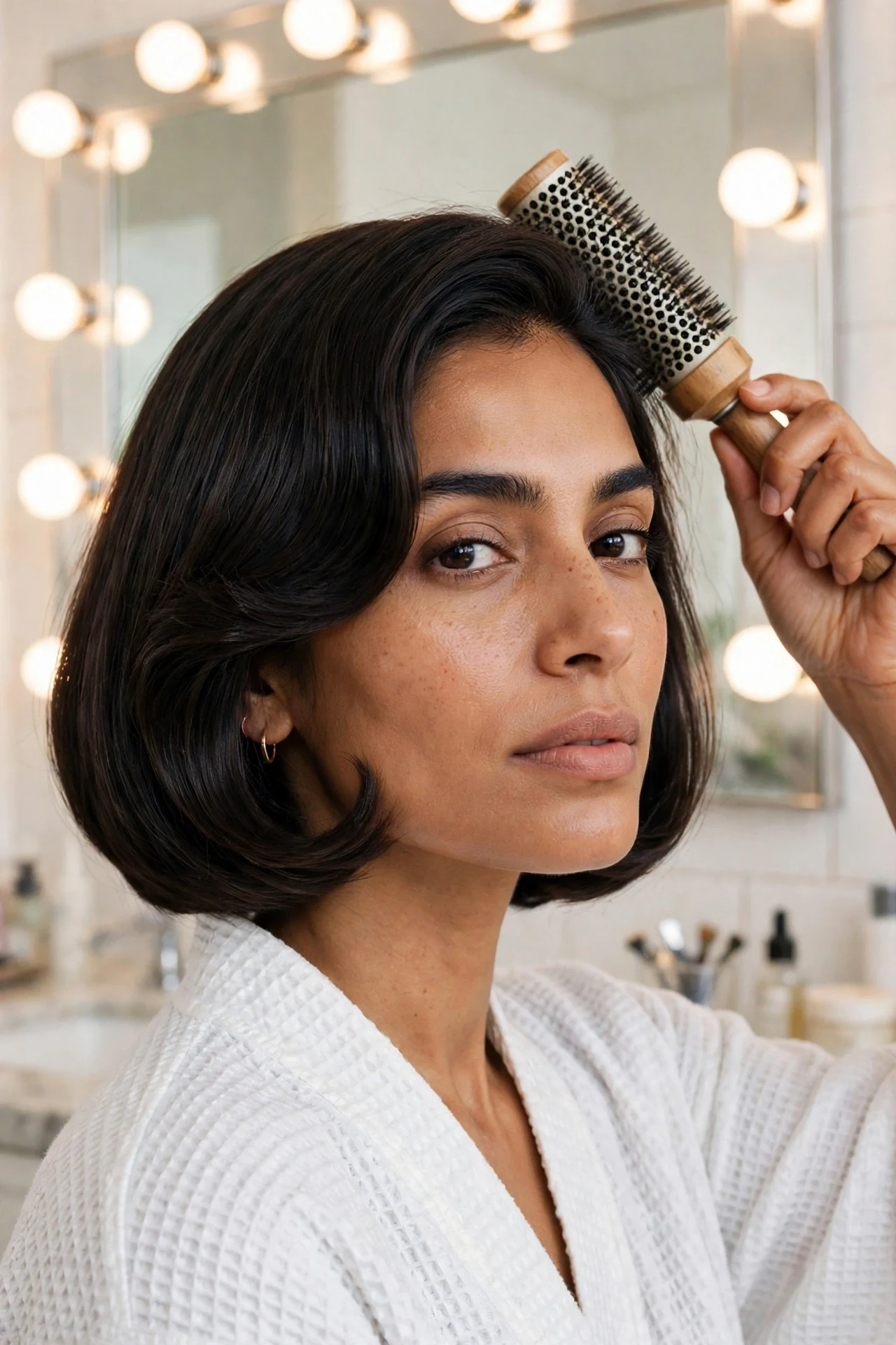 Woman styling an Italian cut with a round brush to create the curved-under flip
