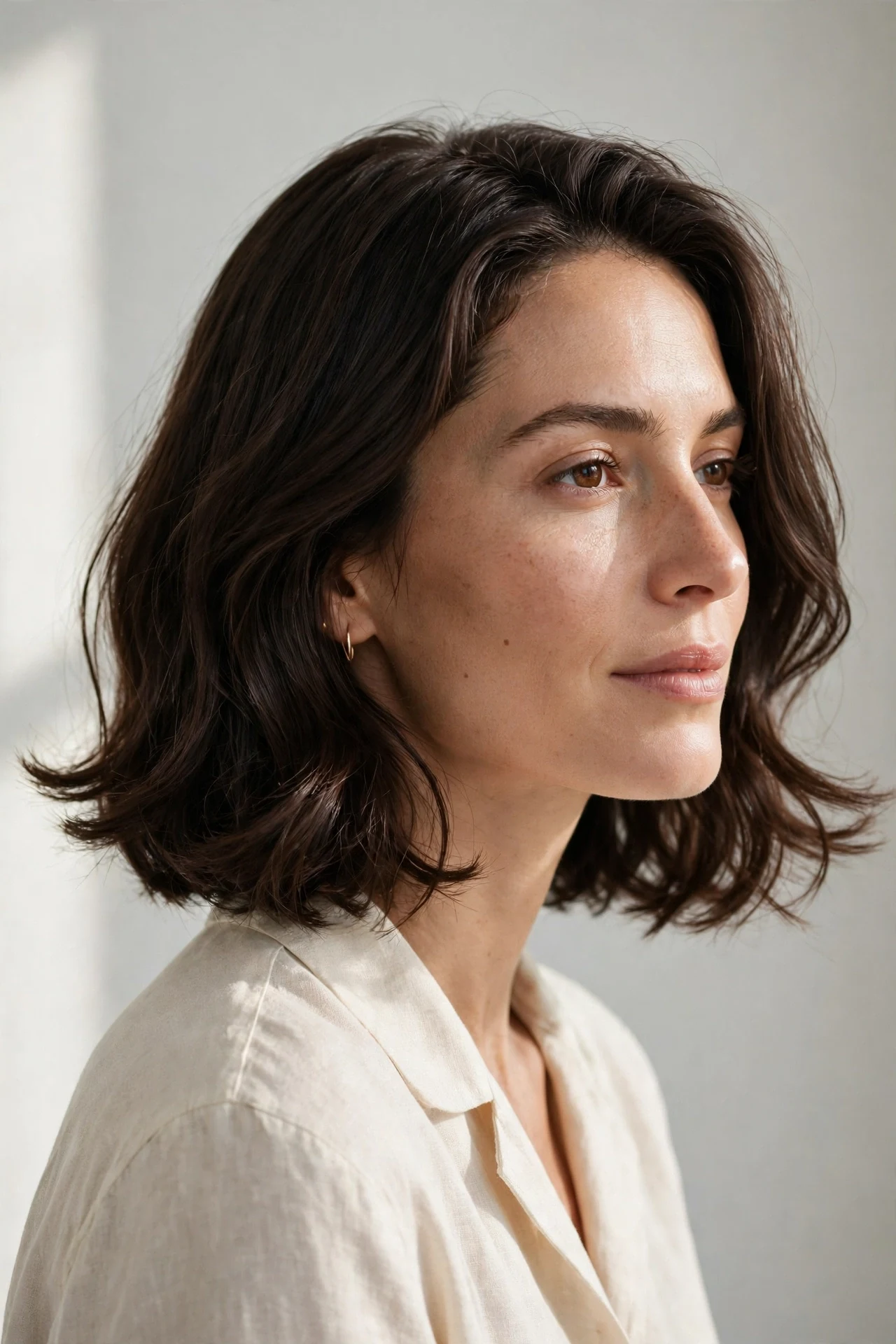 Italian midi haircut on a model, collarbone length hair with soft natural movement