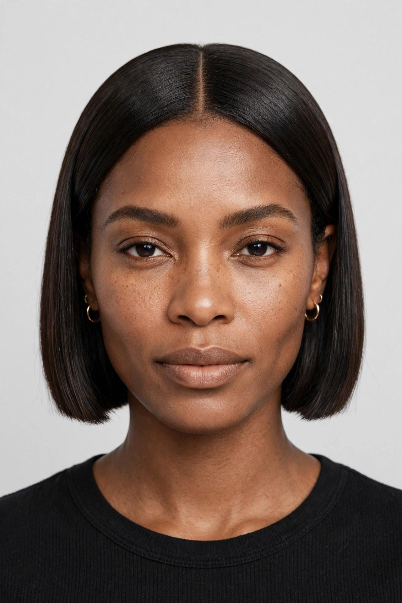 Jaw-length blunt bob on straight dark hair with mirror shine and middle part