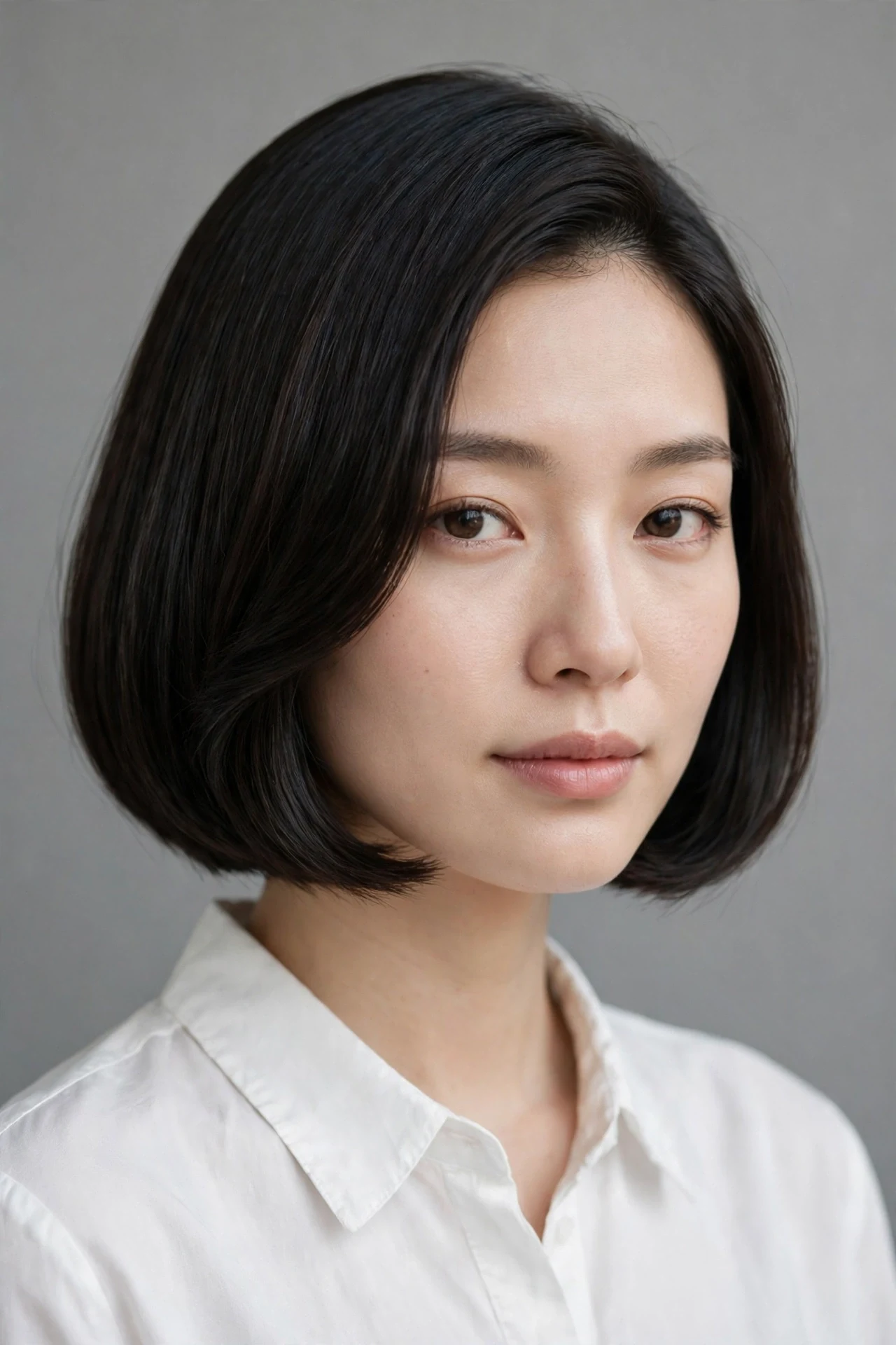 Classic chin length Japanese bob haircut with a blunt even finish