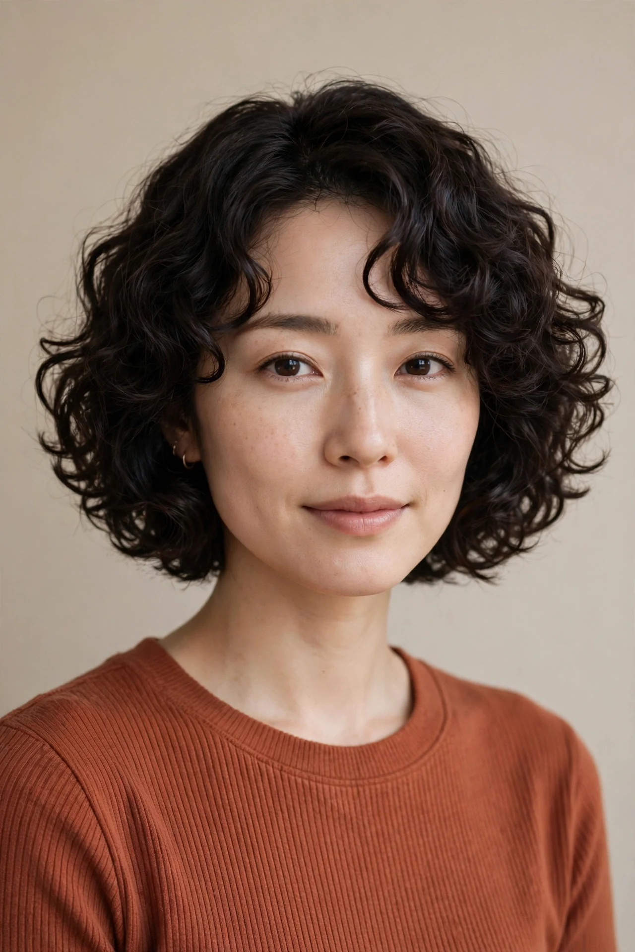 Curly Japanese bob with defined soft curls and a rounded shape