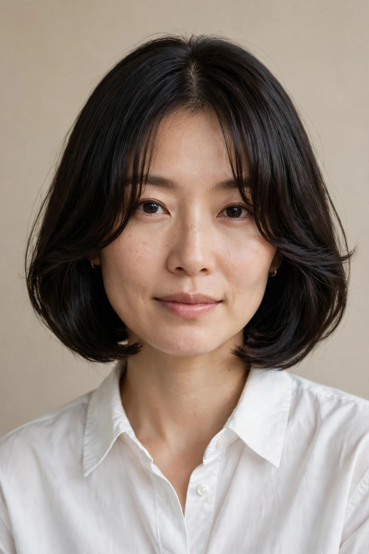 Japanese bob with curtain bangs parted in the middle