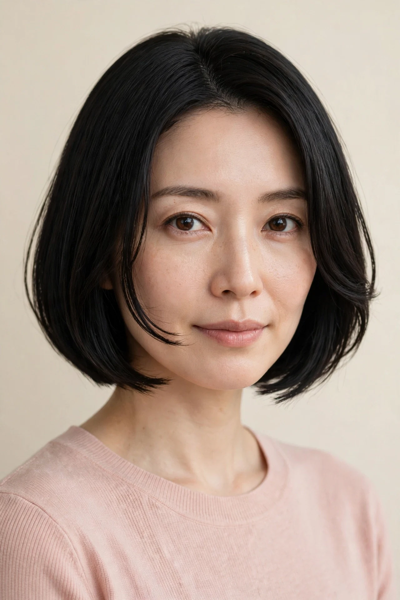 Japanese bob with face framing layers curving around the cheekbones