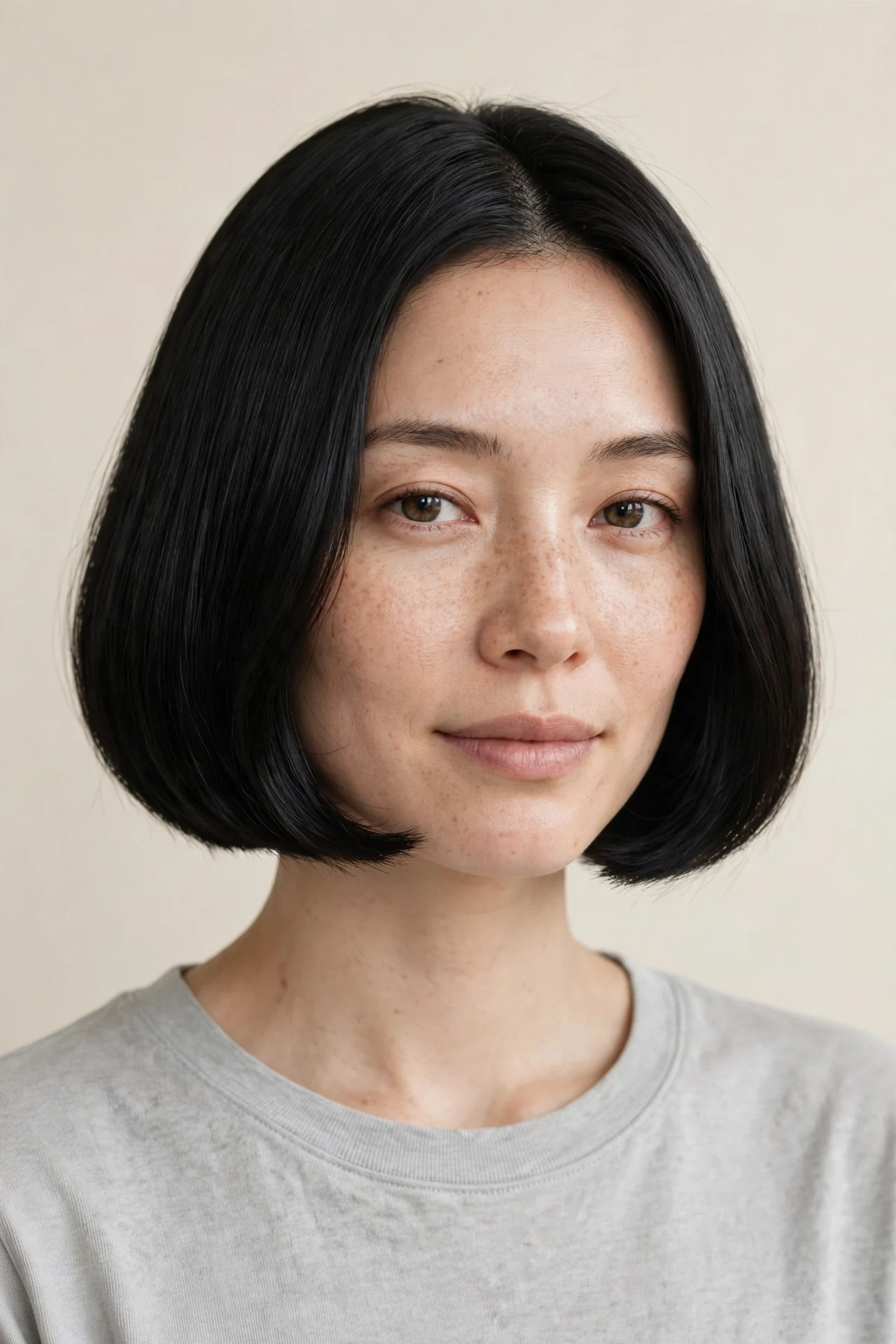 Japanese bob with a thick blunt hemline adding fullness to fine hair