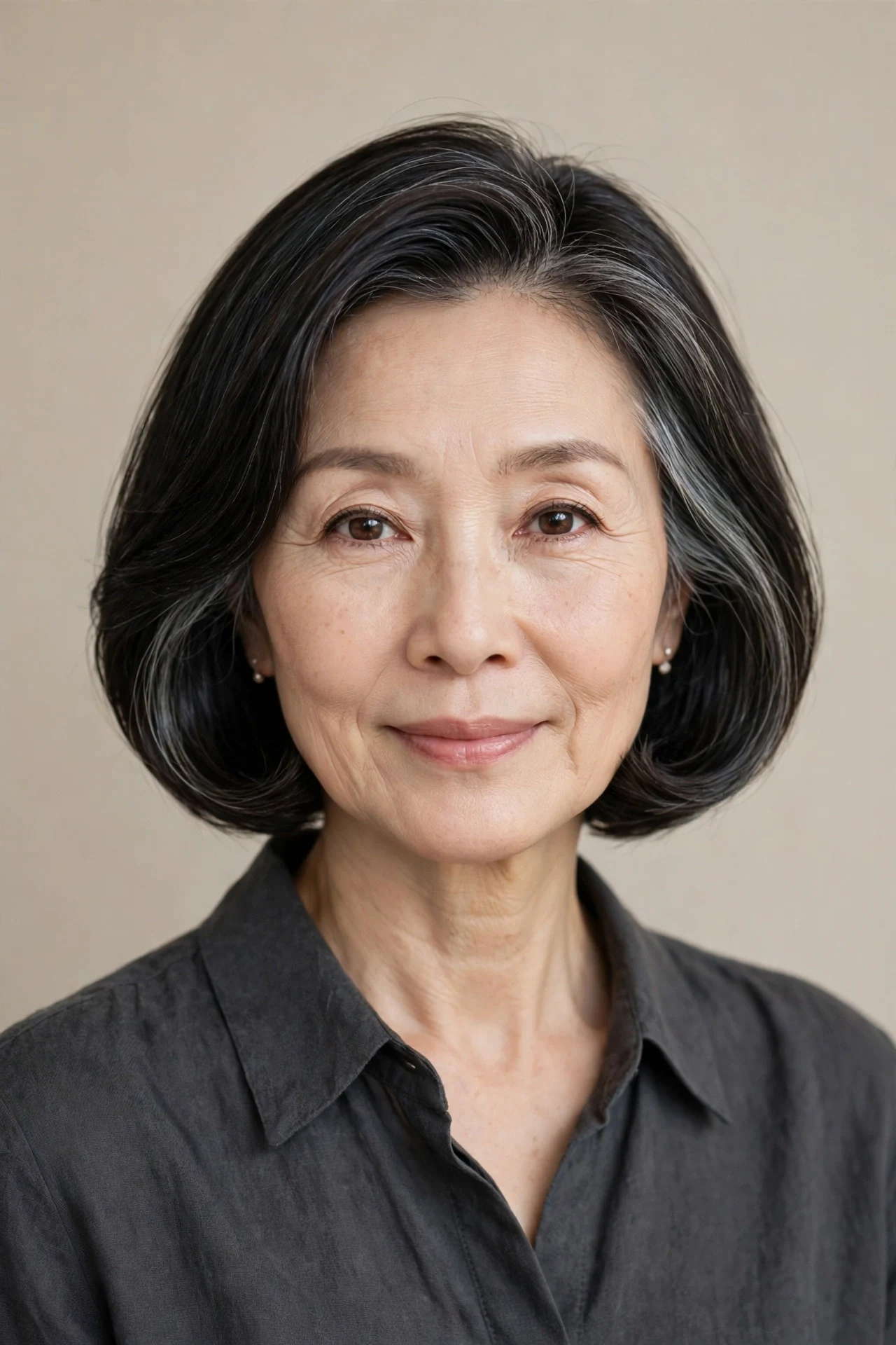 Elegant Japanese bob on a woman over 50 with polished inward ends