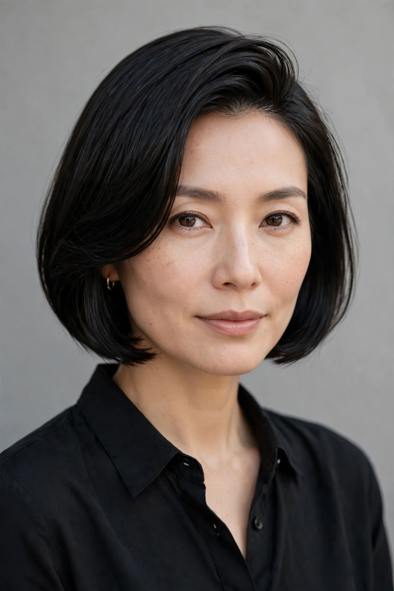 Japanese bob styled with a deep side part and root volume