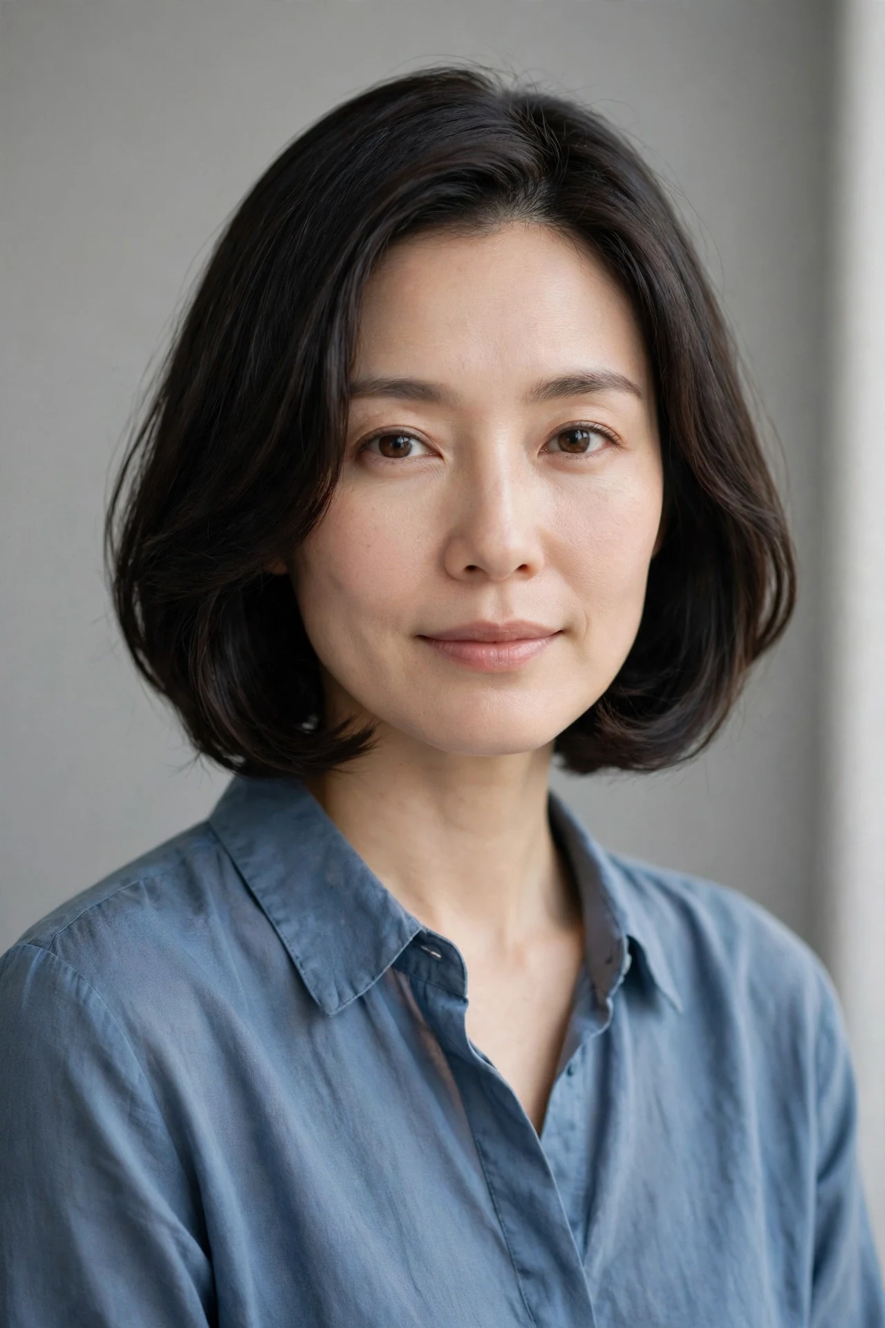 Soft Japanese bob with curved ends softening a square face