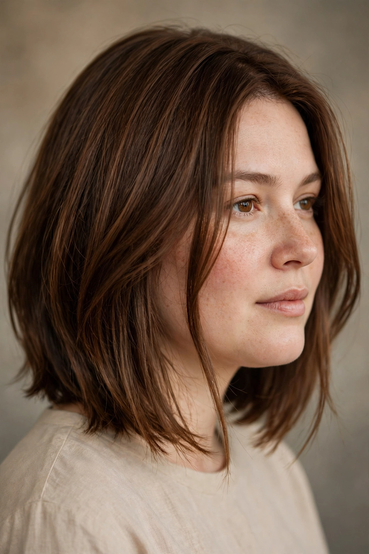Jaw length bob styled to elongate a round face