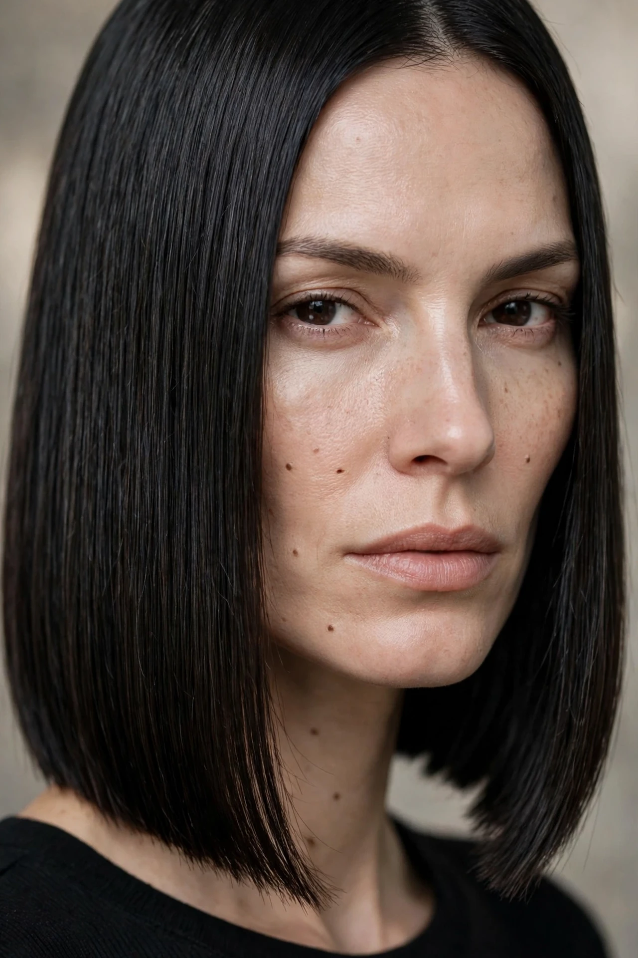 Sleek straight jaw length bob with a glassy mirror finish