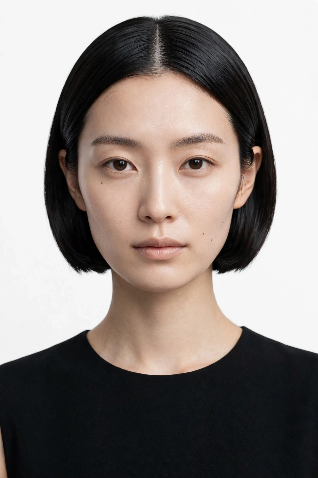 Center part minimalist Japanese bob with symmetrical sleek hair