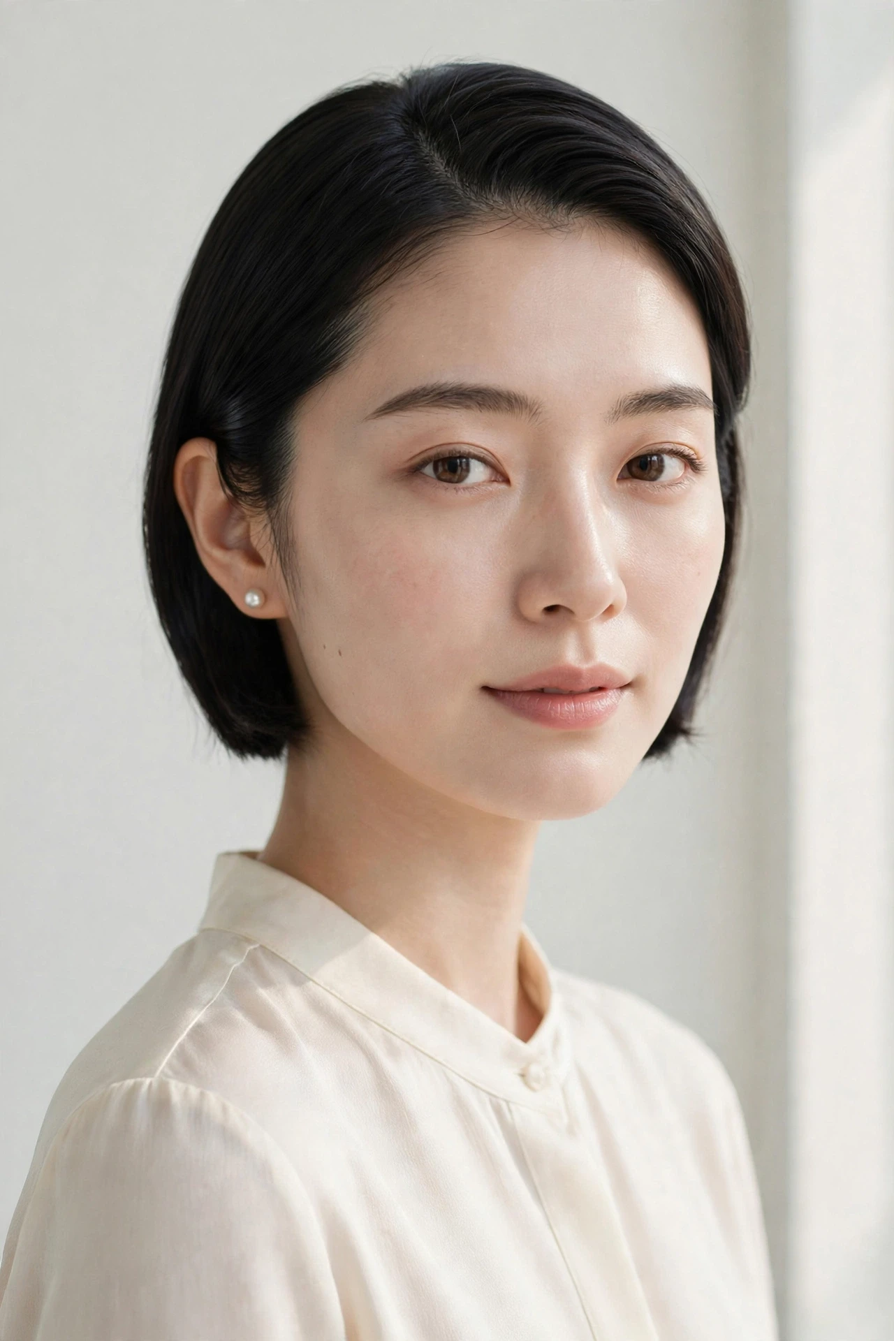 Polished Japanese bob tucked behind one ear with a pearl earring