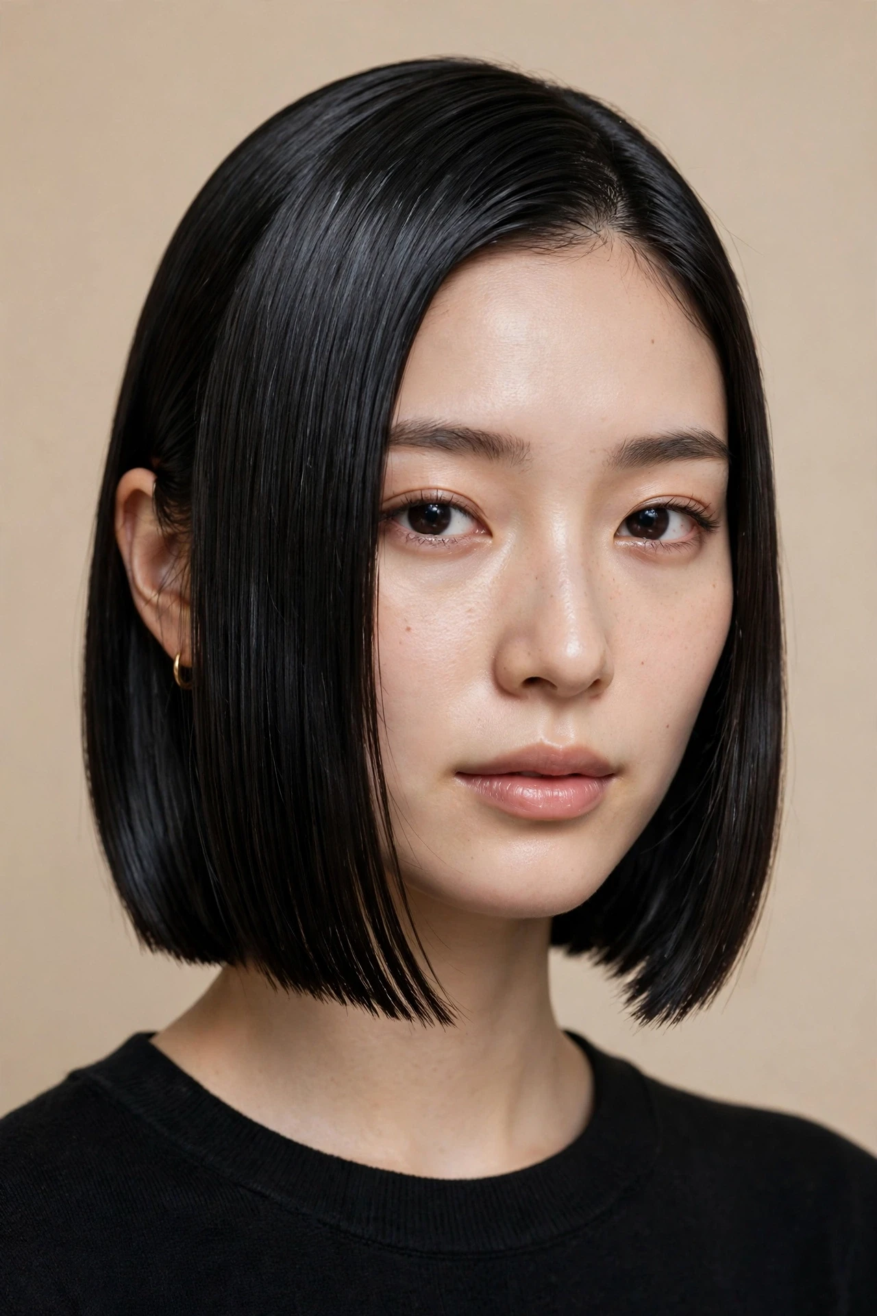 Glass hair blunt Japanese bob with razor sharp ends and a reflective shine