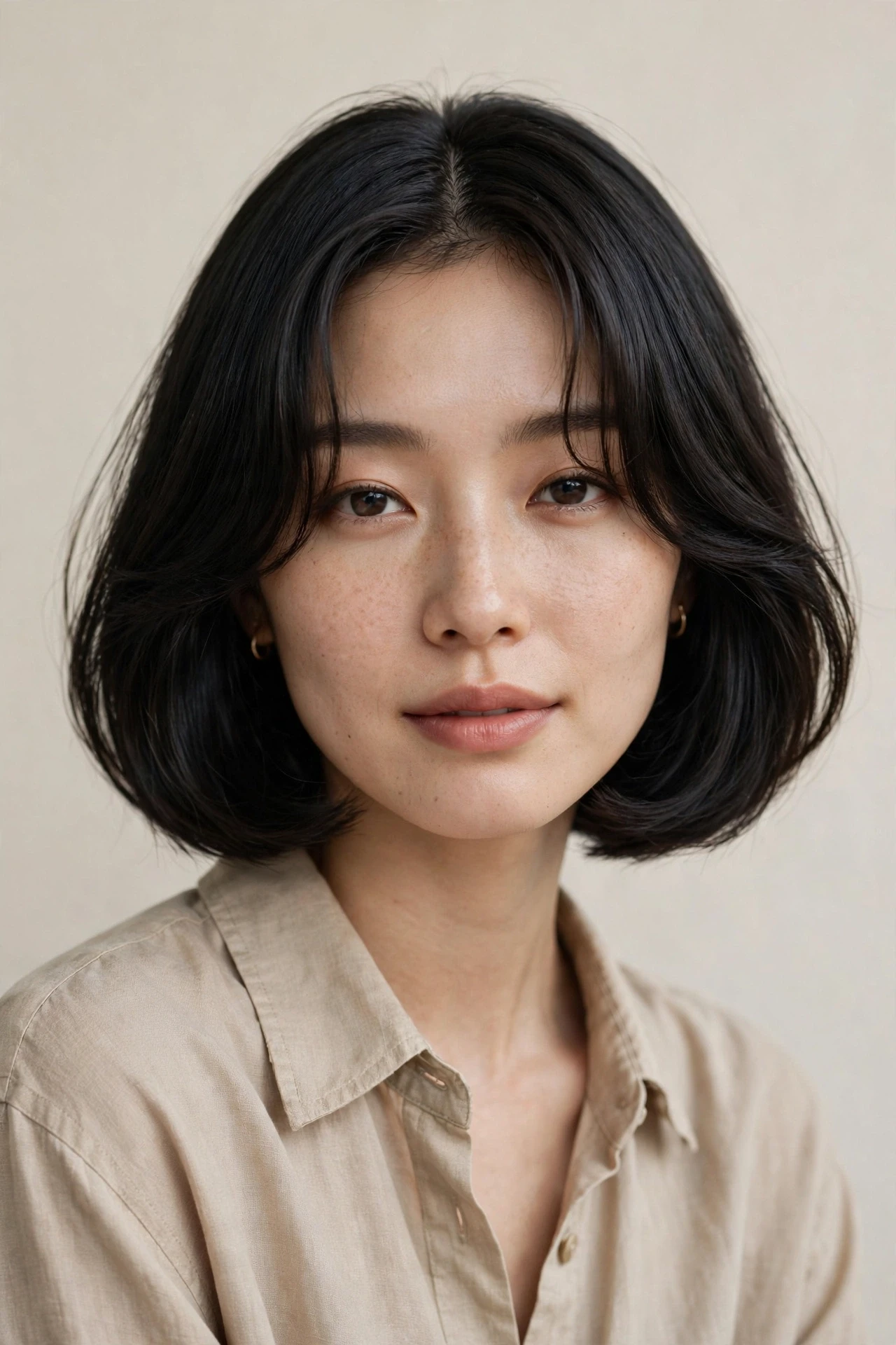 Rounded Japanese bob with soft curtain bangs framing the face