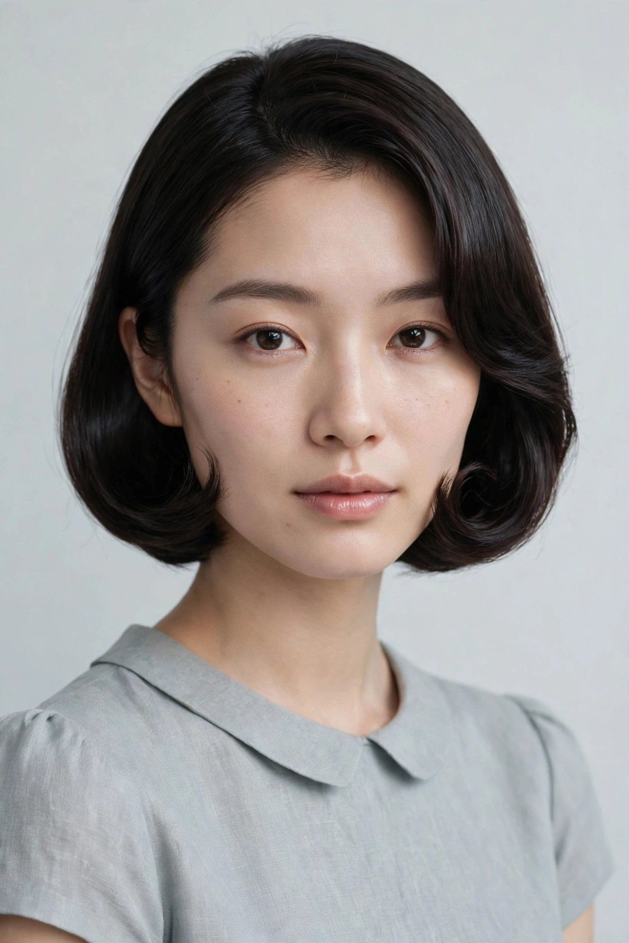 Tucked under curved Japanese bob with ends curled inward in a C shape