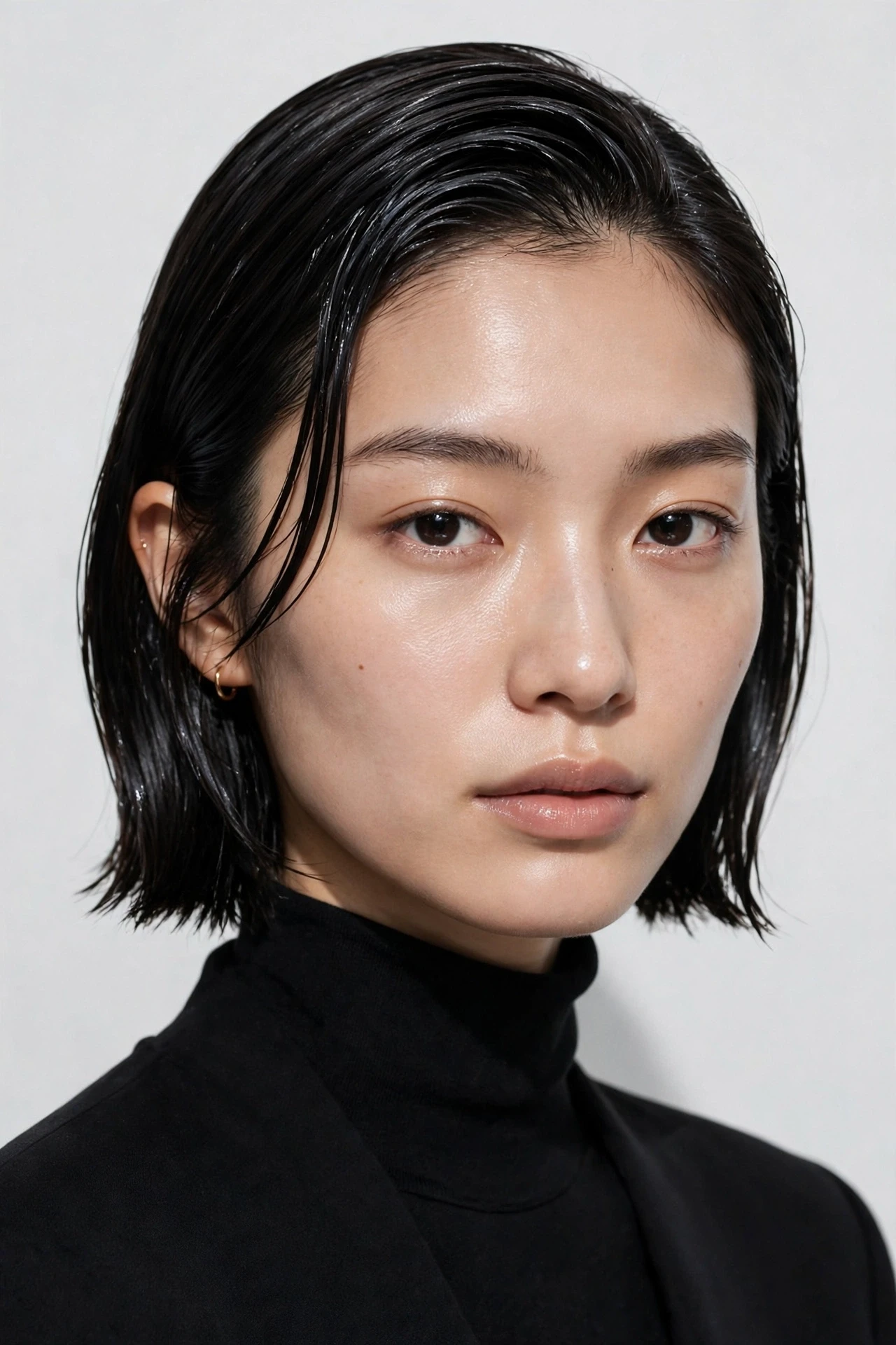 Wet look glossy Japanese bob with a sleek high shine finish