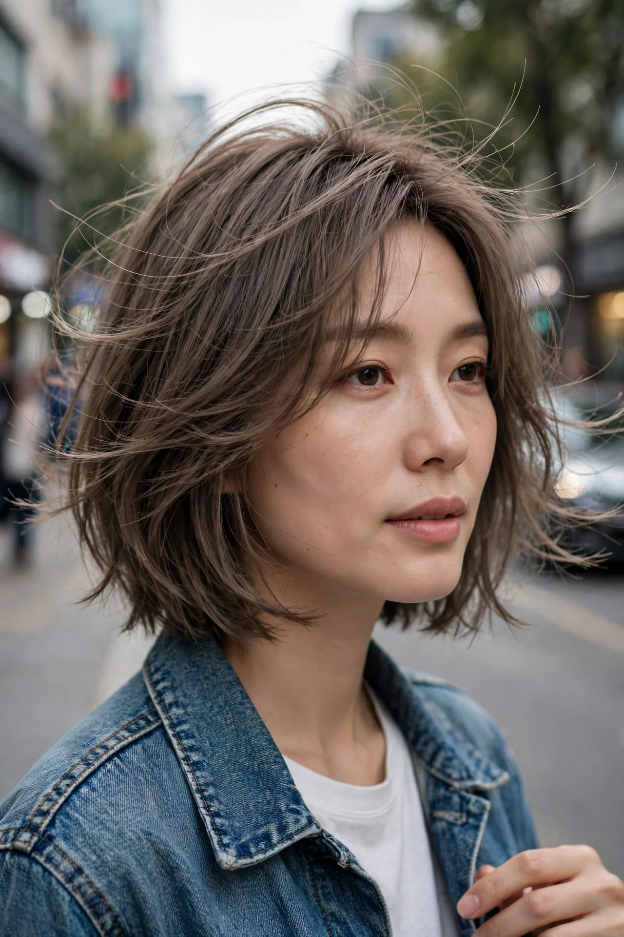 Airy layered Korean bob with feathered movement in ash brown hair