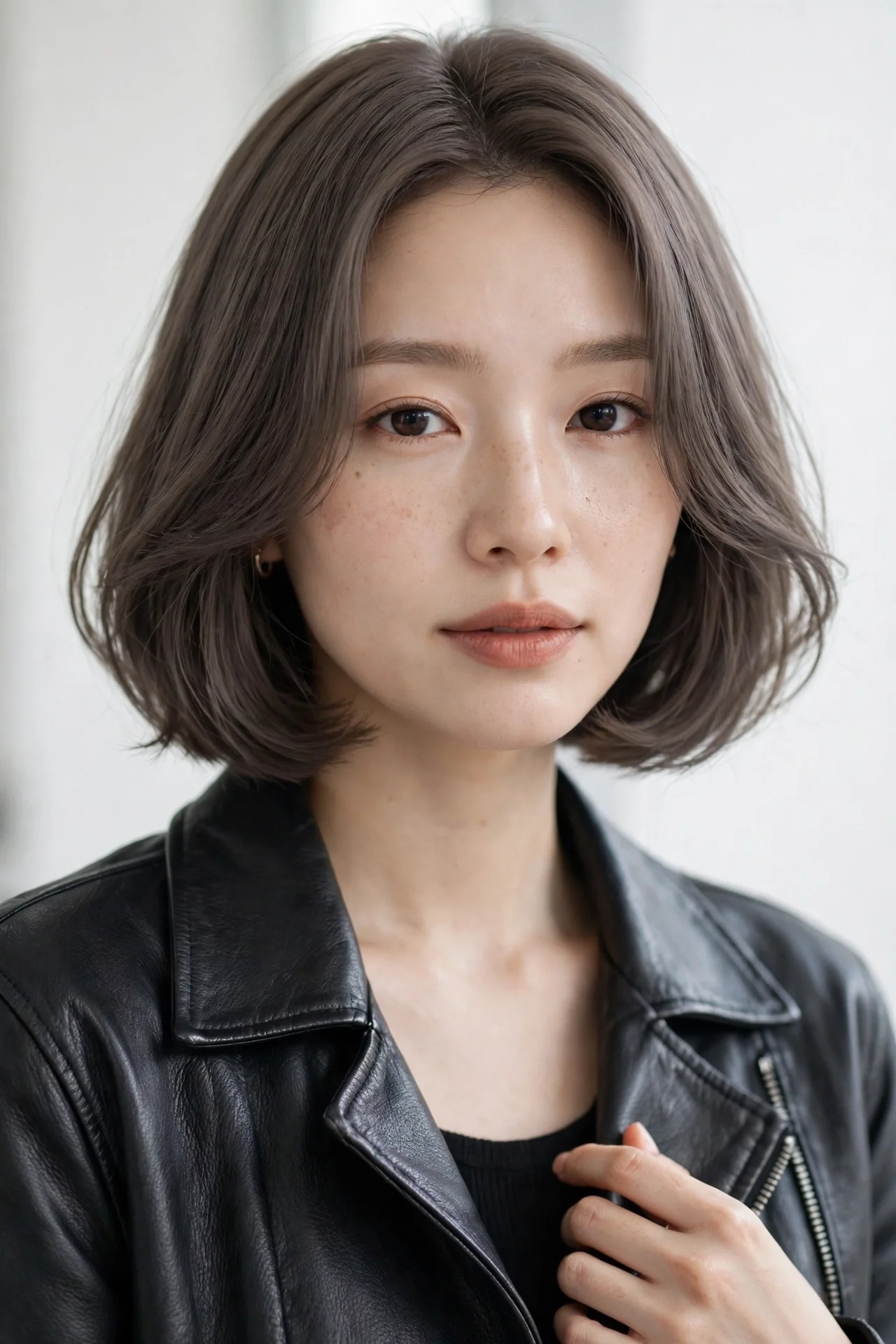 Ash brown Korean bob with cool toned color and curled ends