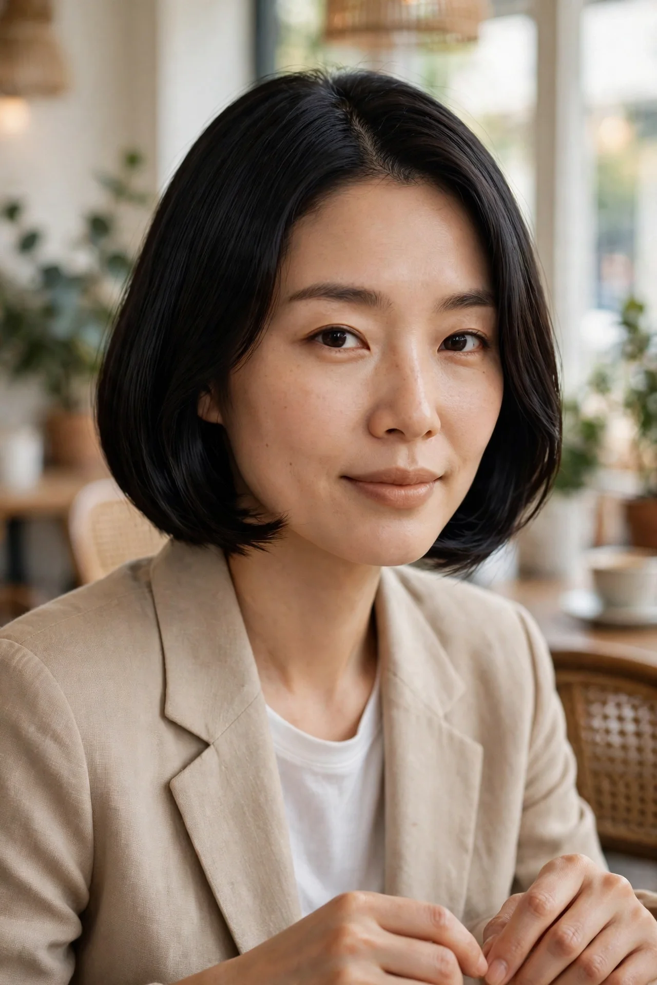 Classic Korean bob haircut at chin length with softly tucked ends