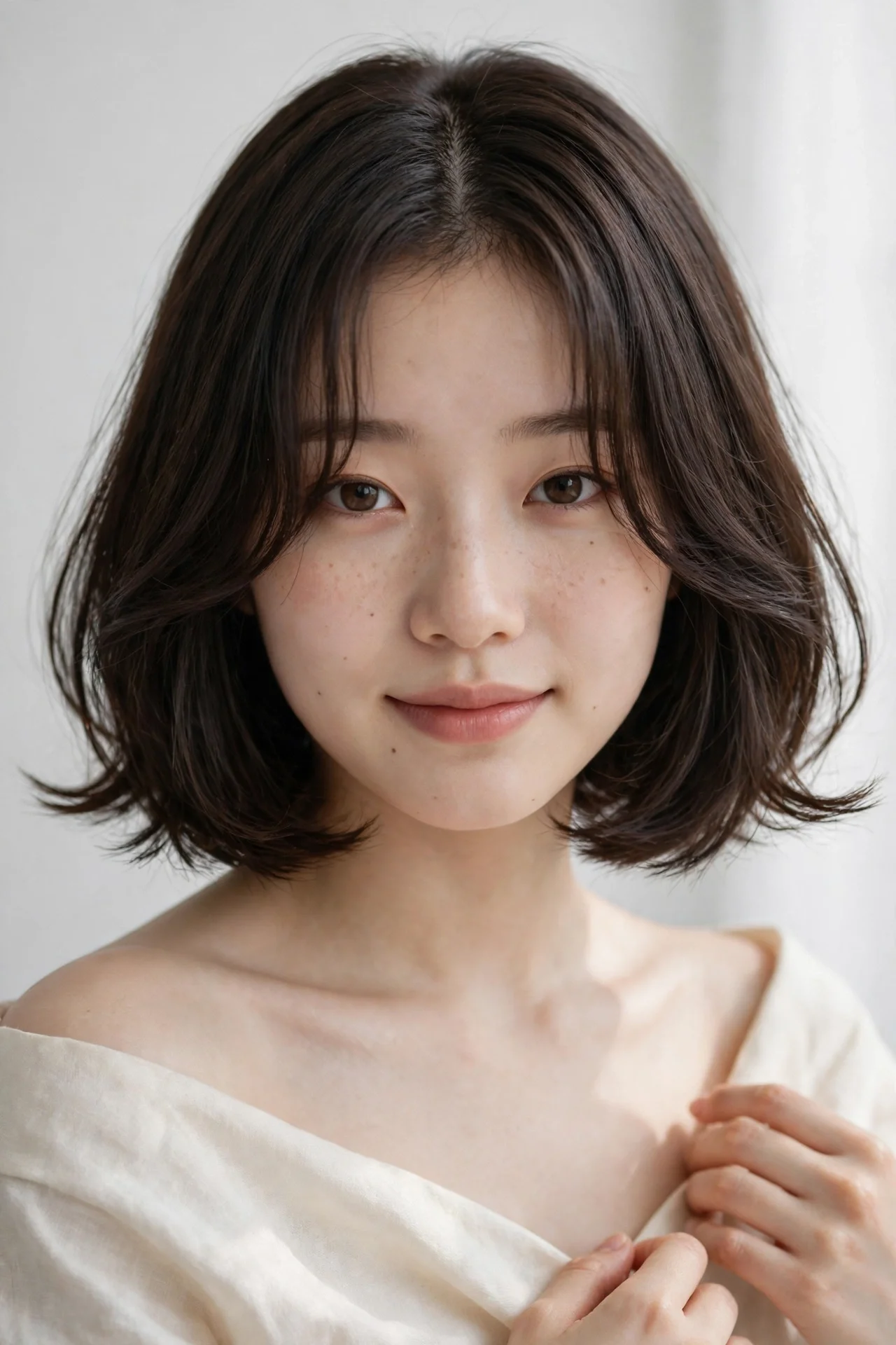 Korean bob with long curtain bangs framing the cheeks