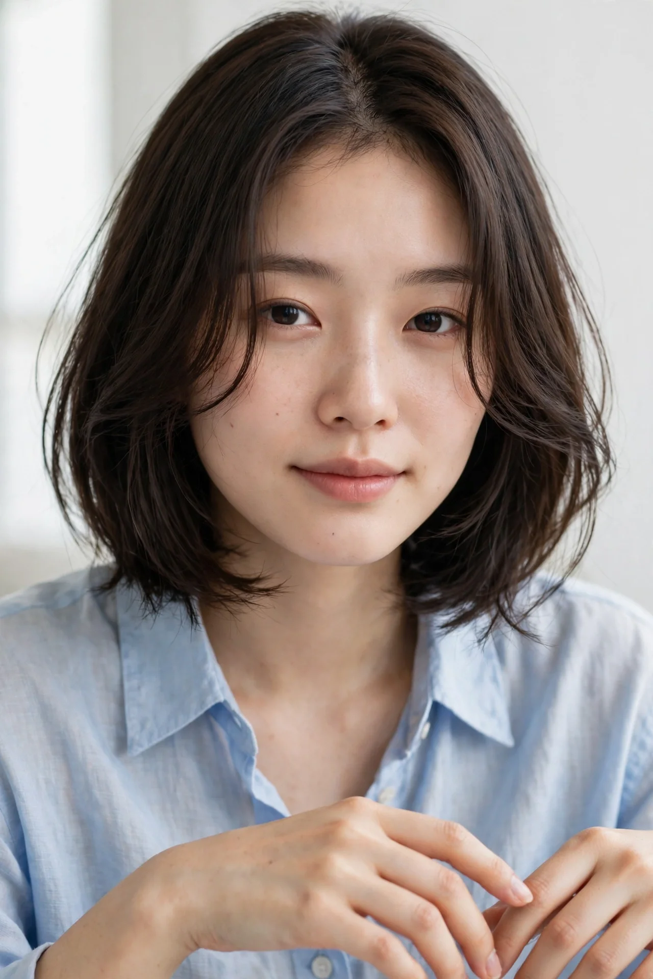 Korean bob with wispy face-framing layers at the cheekbones