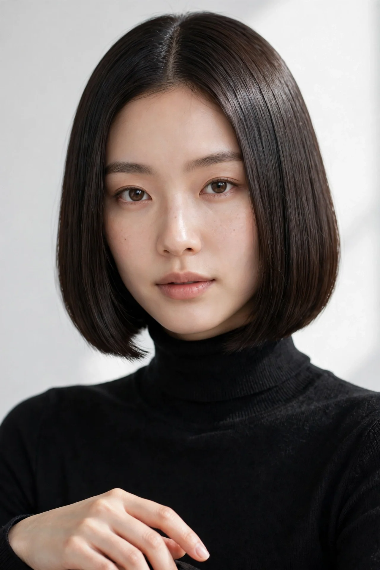 Sleek glass-hair Korean bob with mirror shine and a blunt finish