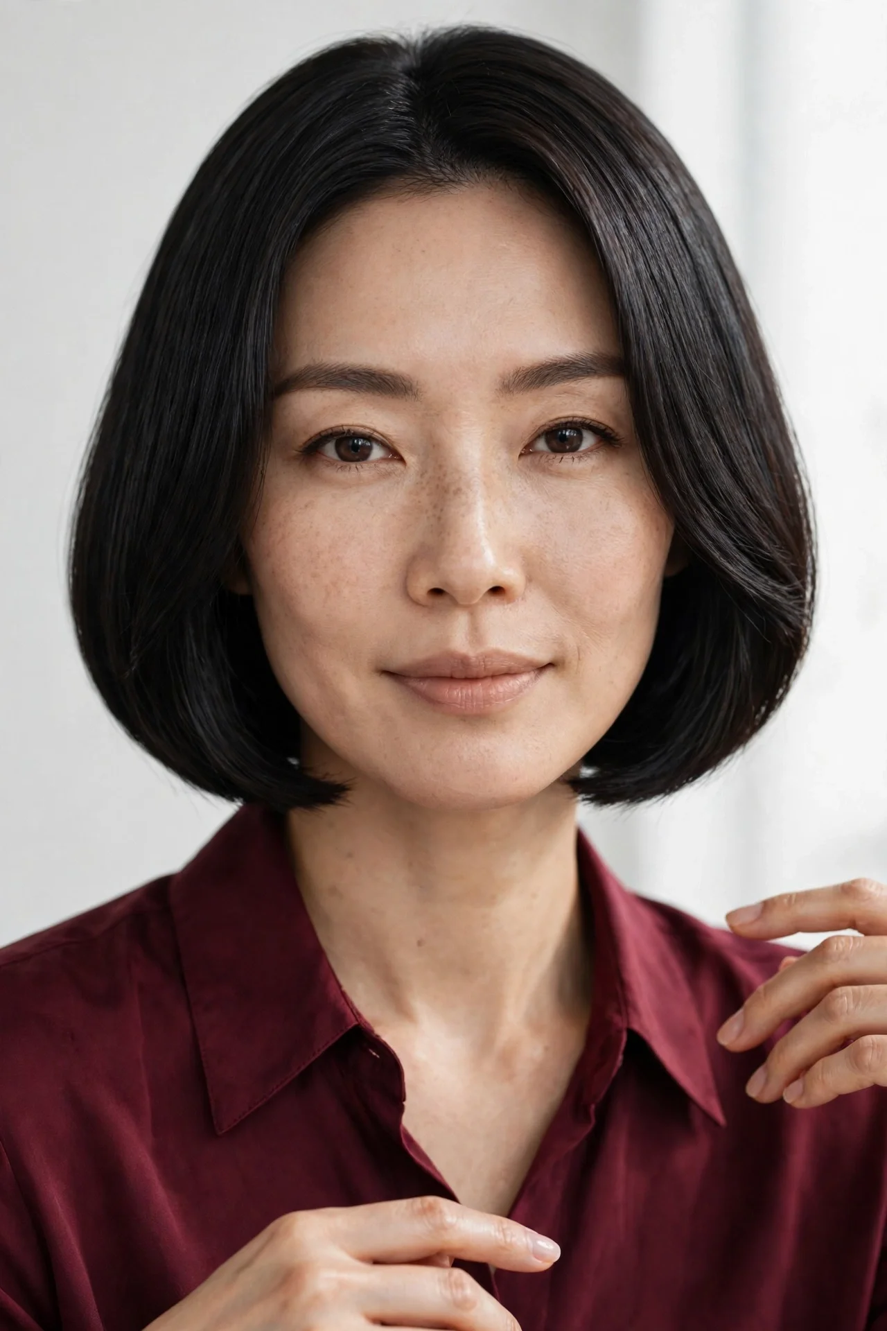 Glossy black Korean bob with a rounded shiny silhouette