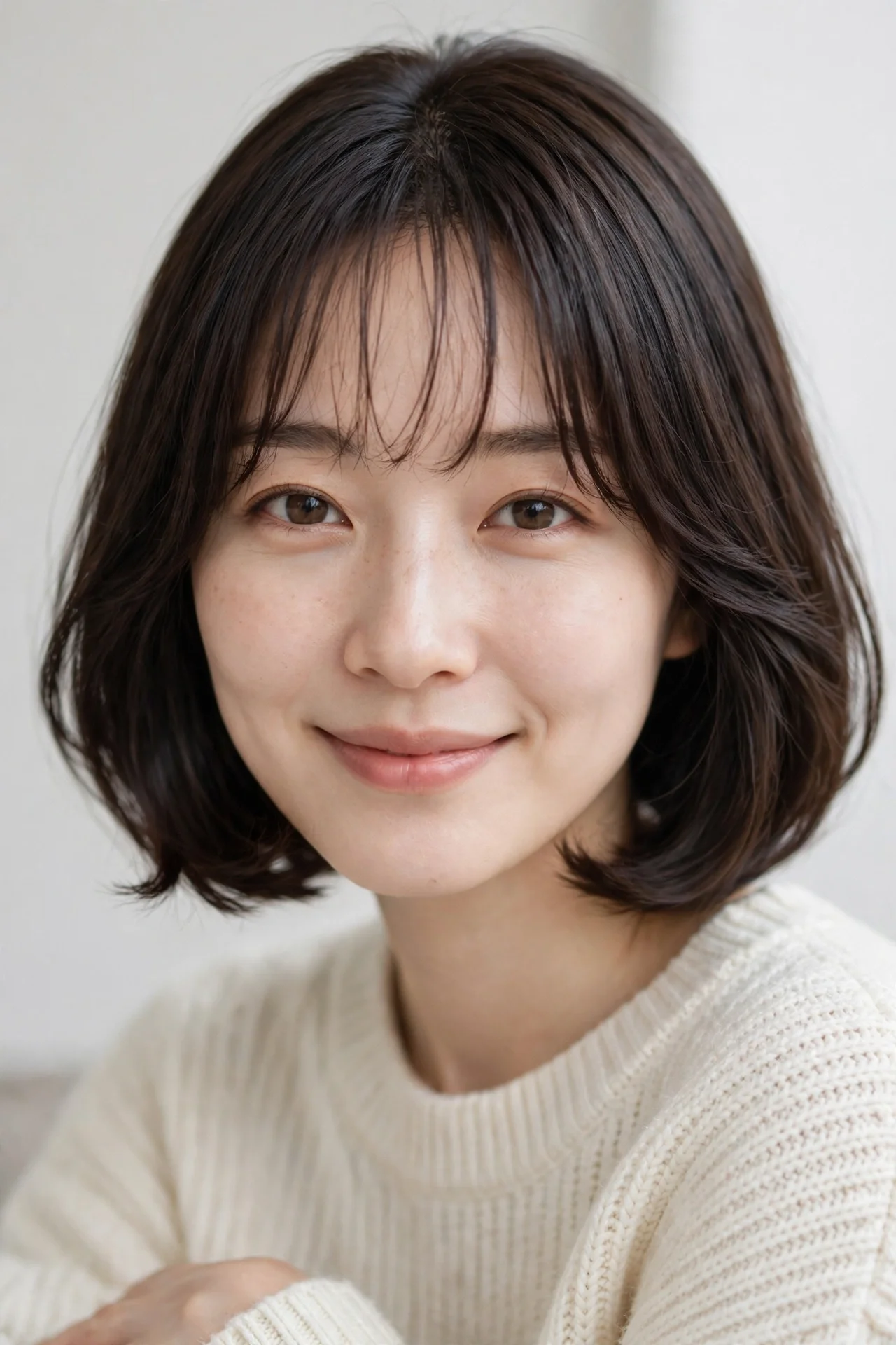 Korean bob haircut with C-curl ends and see-through bangs