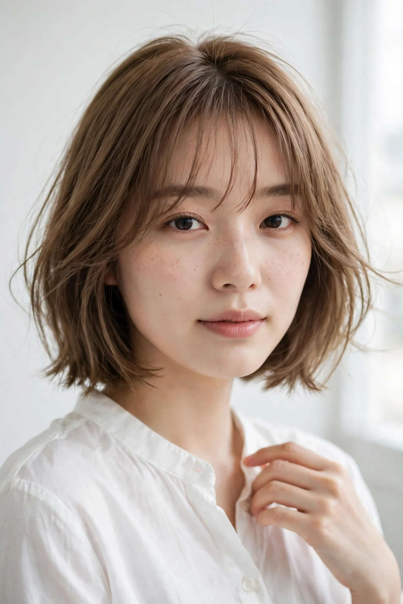 Korean bob with wispy see-through bangs and light brown hair
