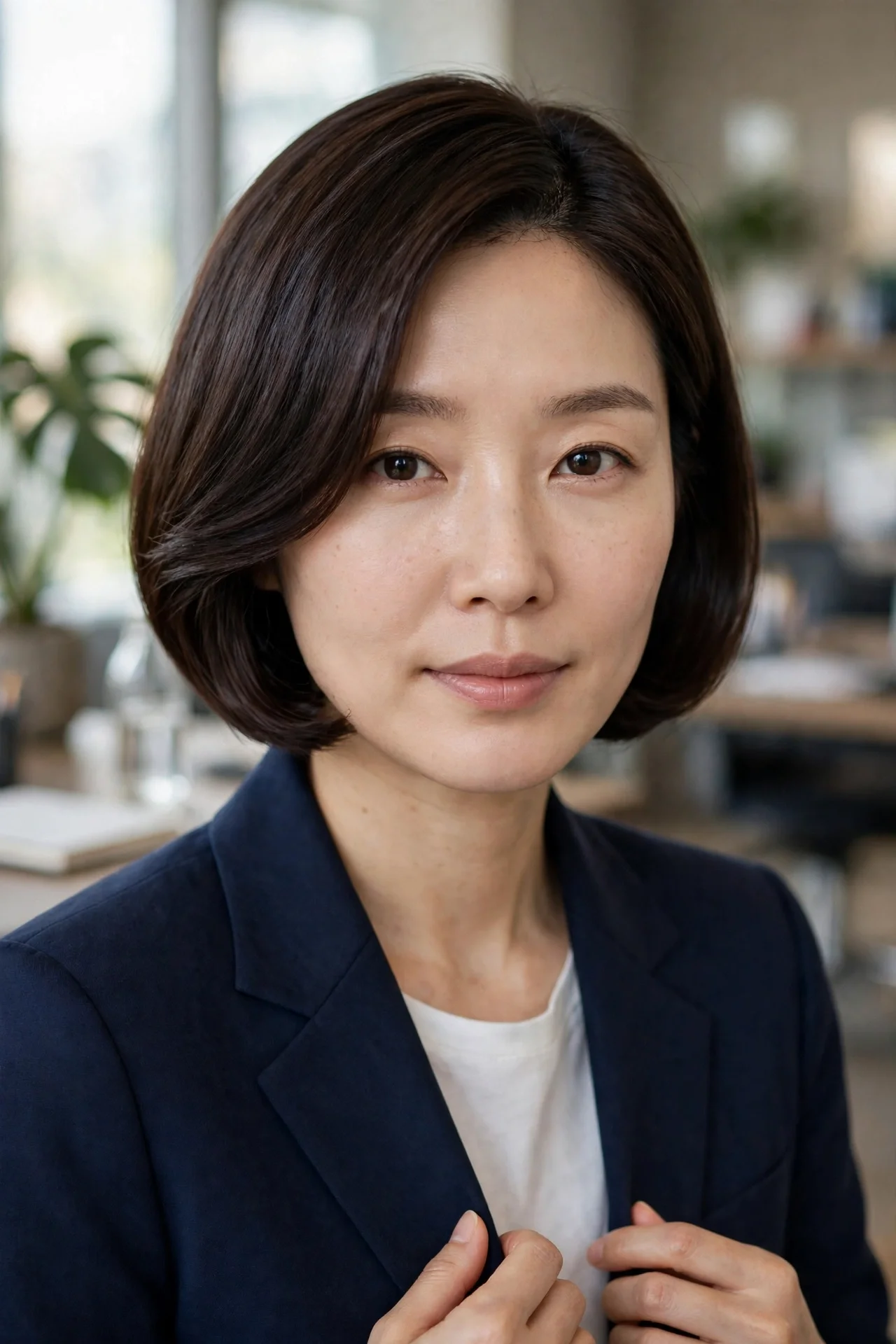 Korean bob styled with a deep side part and smooth volume