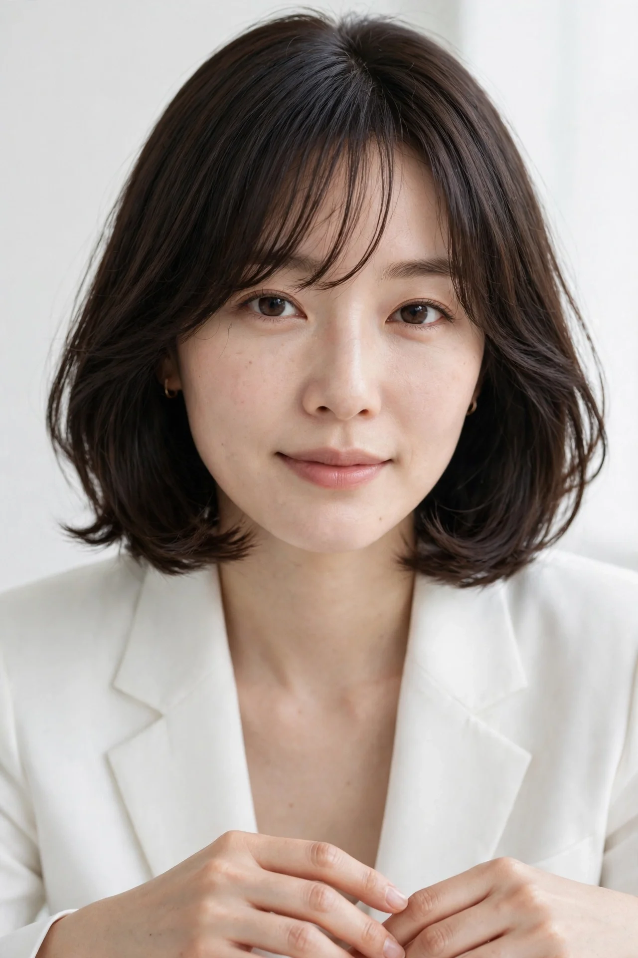 Korean bob with soft side-swept bangs across the forehead