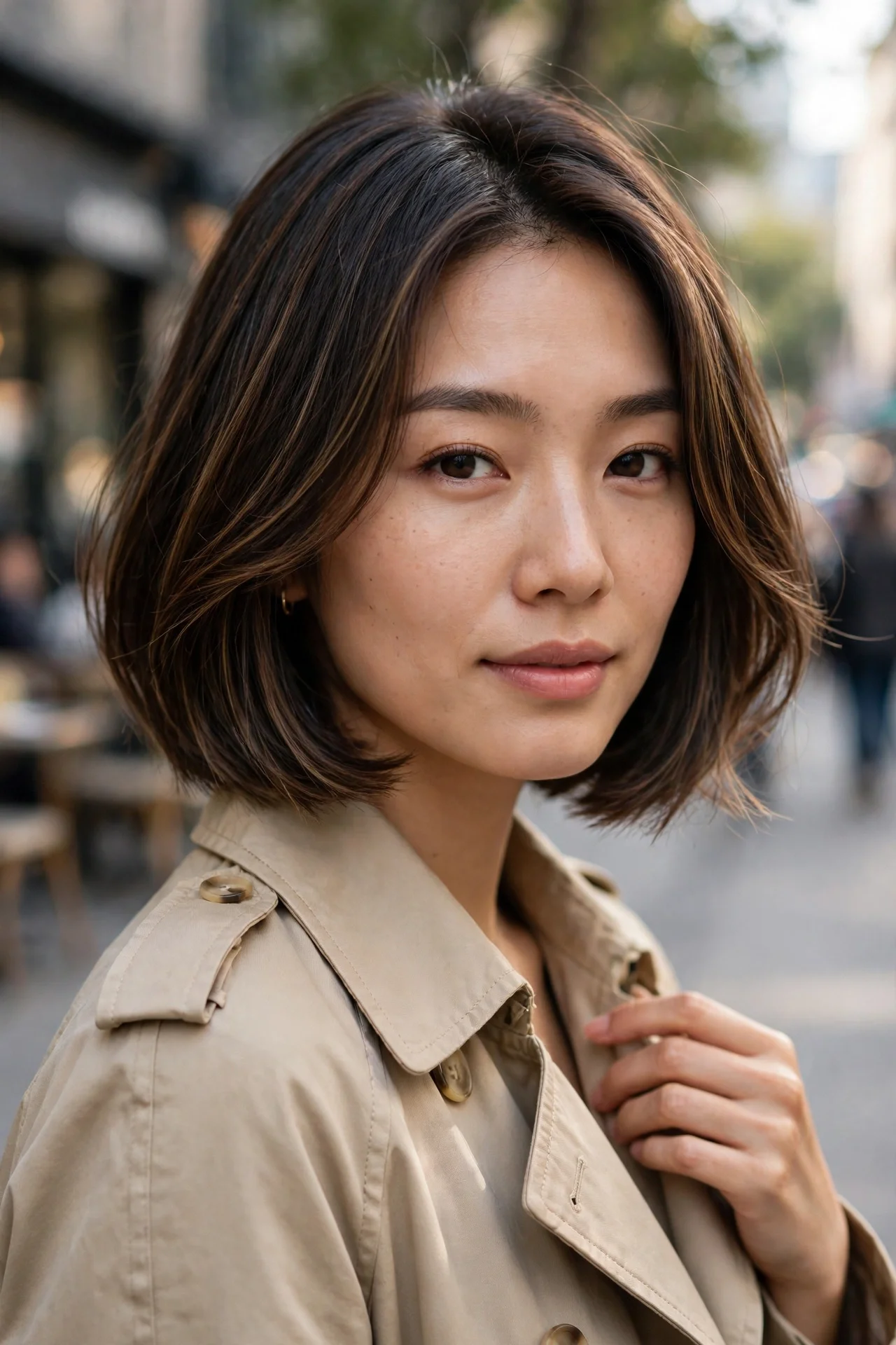 Korean bob with soft caramel highlights through dark brown hair