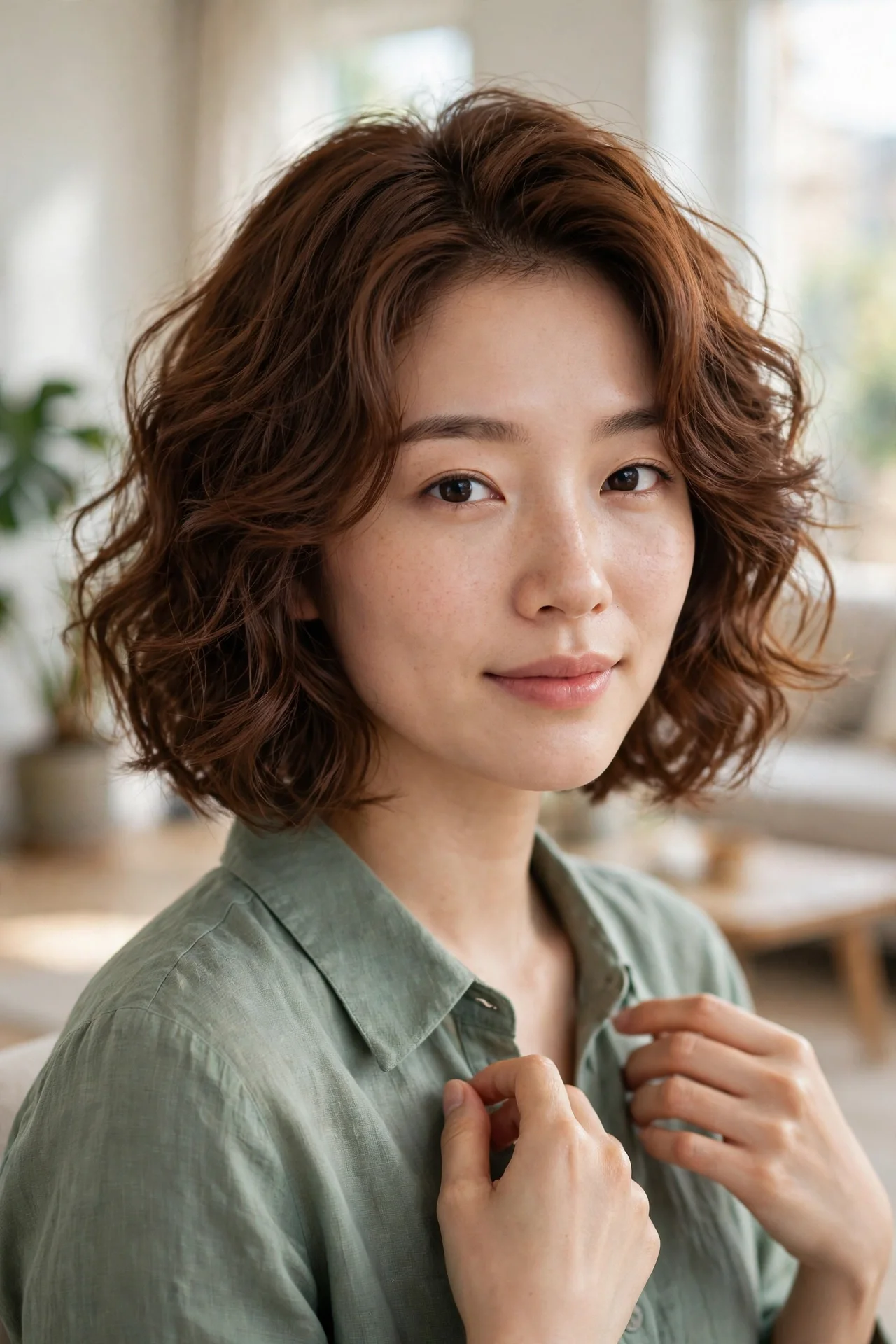 Korean bob with a soft wavy perm and bouncy volume
