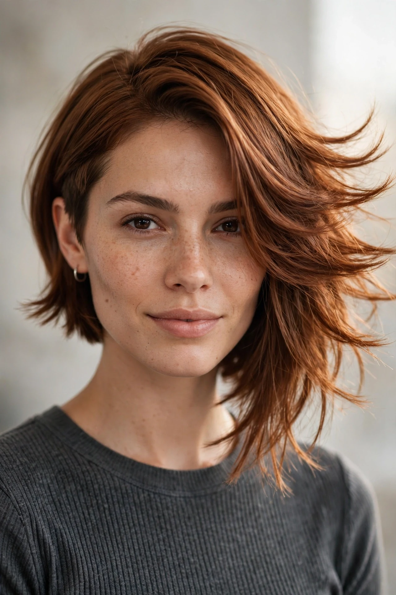 Asymmetrical kicktail bob with one longer side and flicked ends