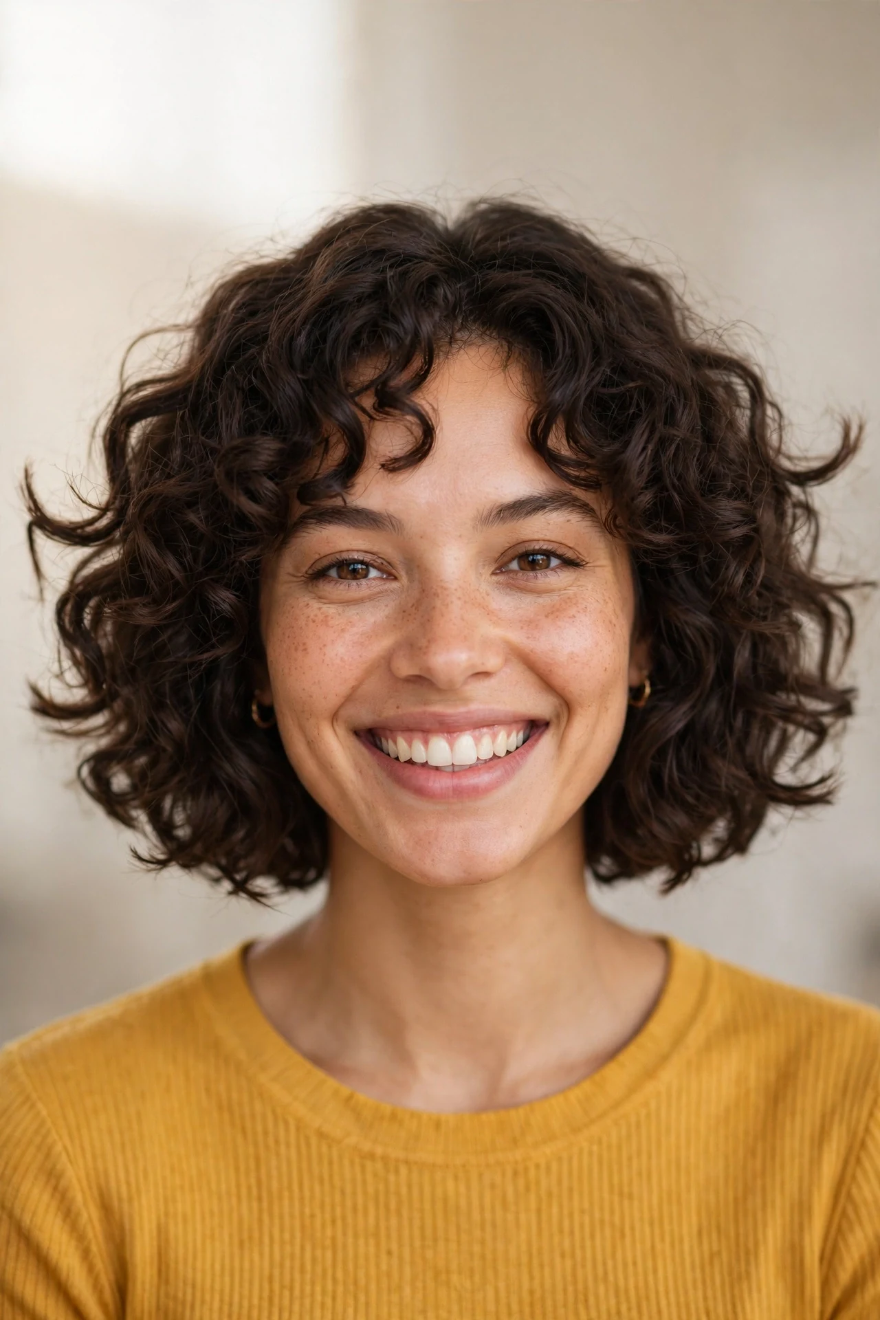 Curly kicktail bob with defined curls flicked outward