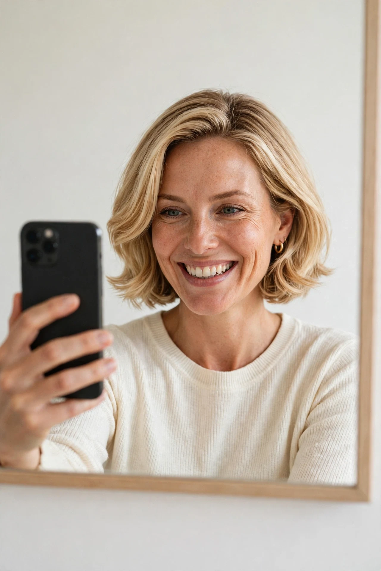 Happy woman with a fresh bouncy bob taking a mirror photo
