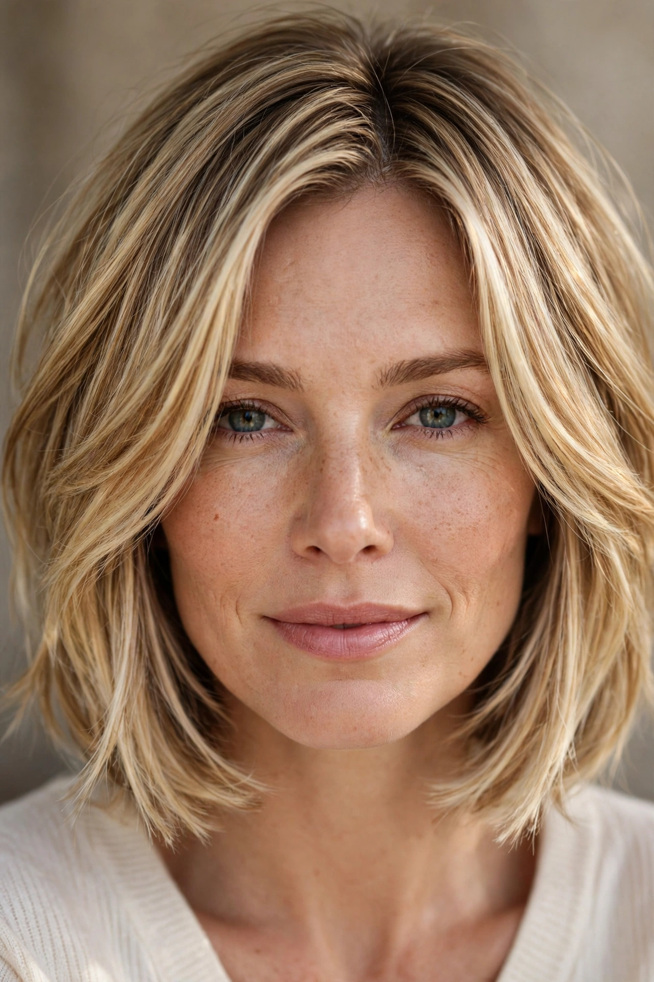Blonde balayage layered bob with painted dimension