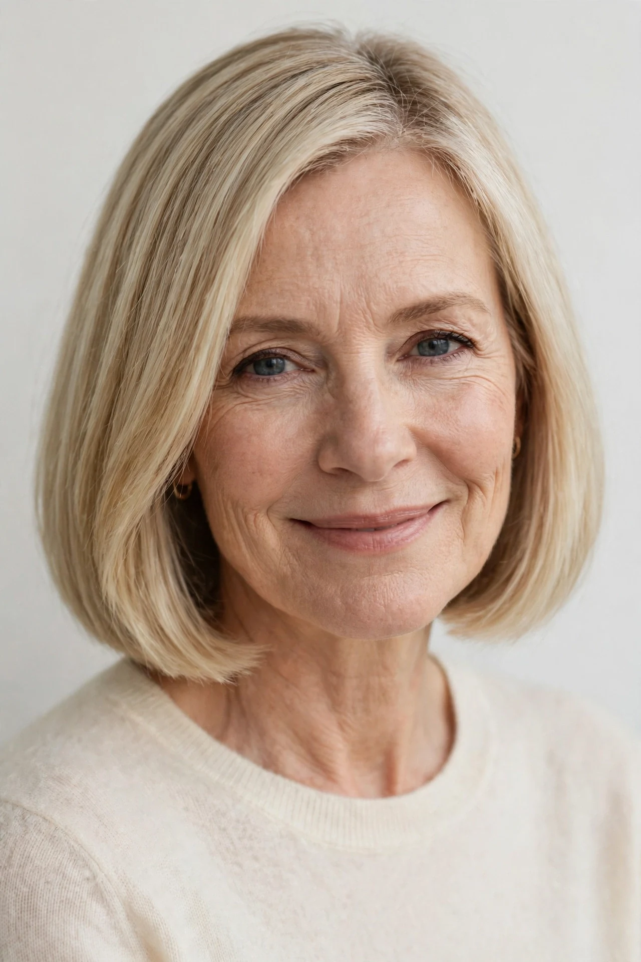 Blunt bob with a thick hemline on a woman over 50 with fine blonde hair