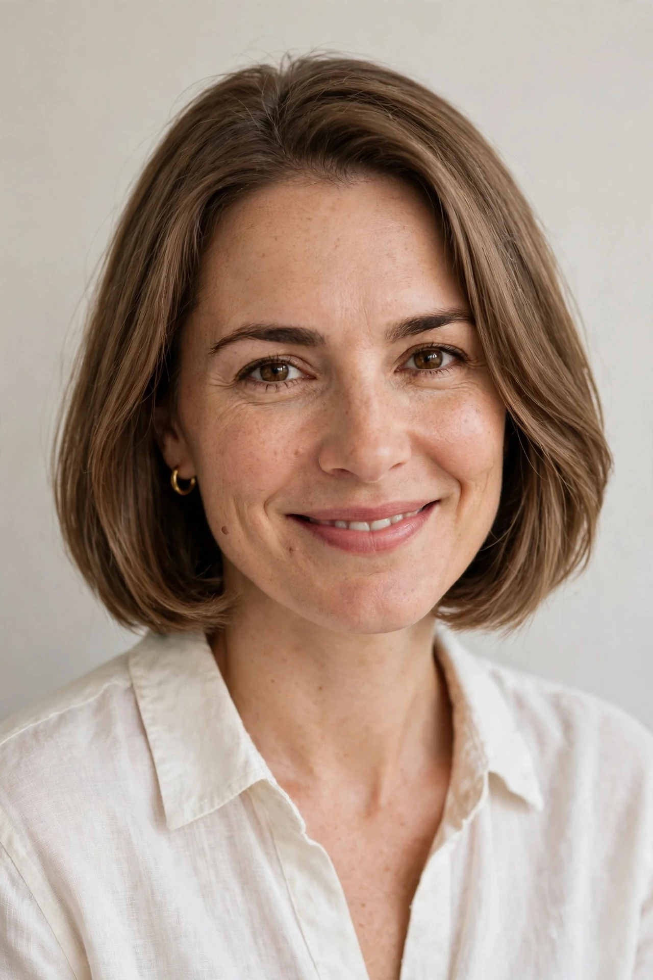 Fresh chin length bob with softly curved ends on a woman in her late thirties