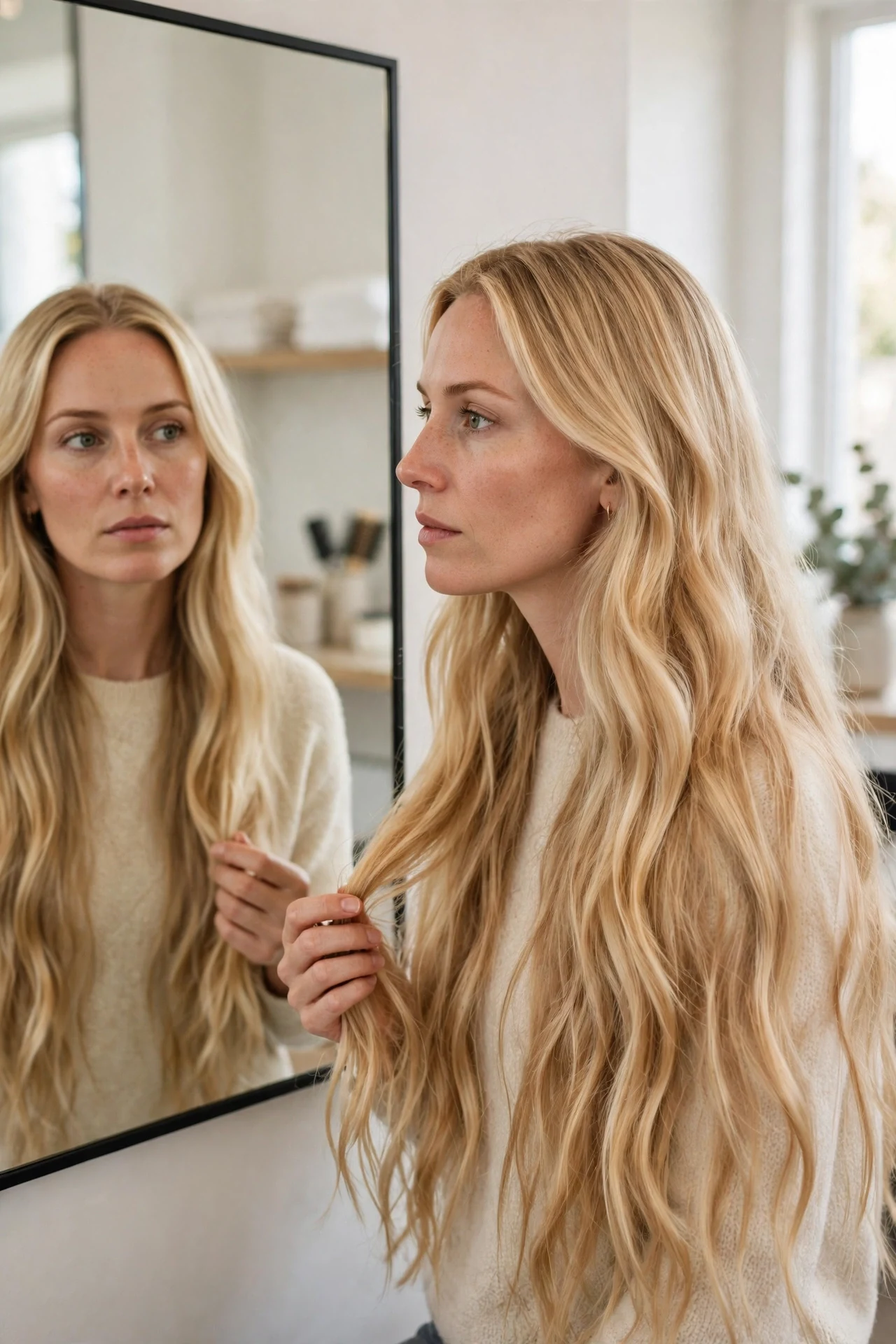 Woman with very long blonde hair thinking about cutting it into a bob