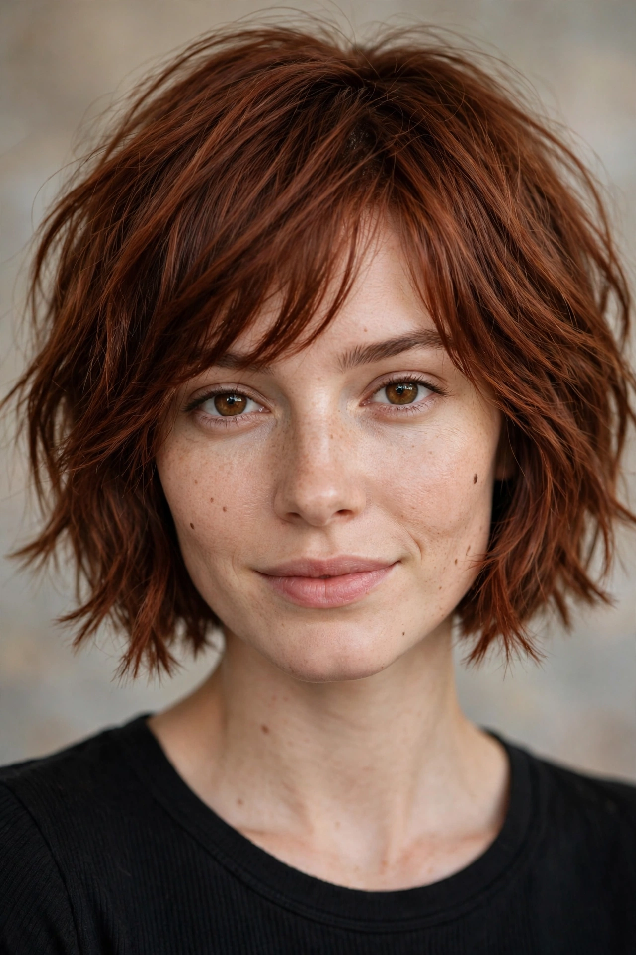 Choppy chin length layered bob with sharp attitude