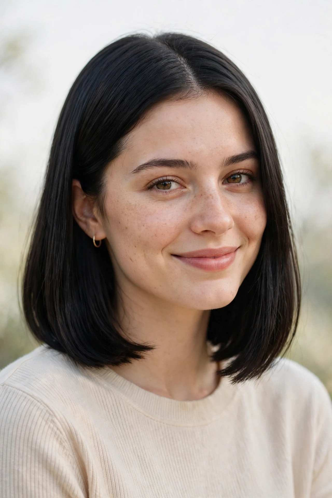 Fresh collarbone length blunt bob on a young woman with dark hair