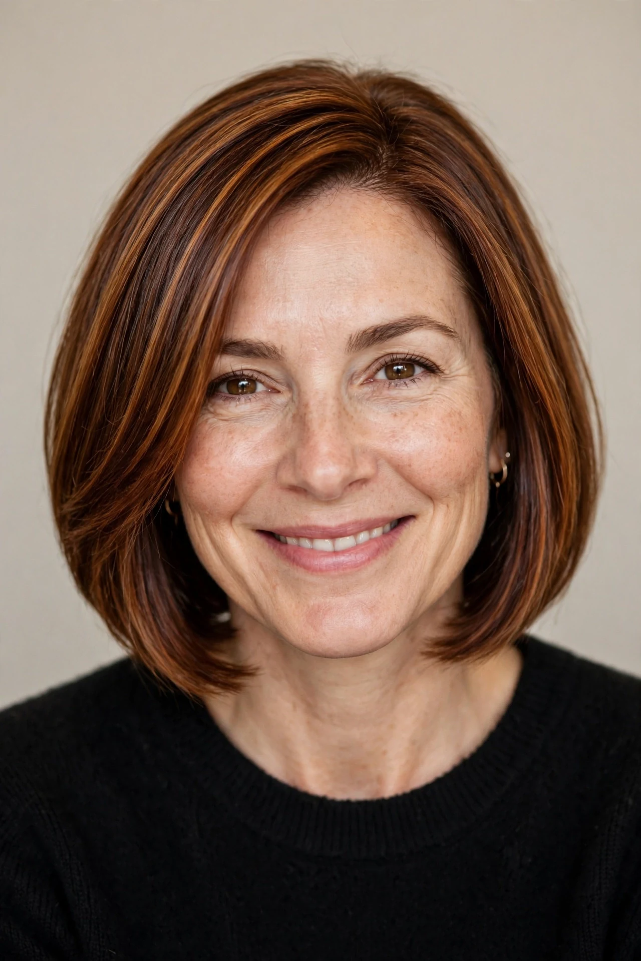 Fresh bob with rich copper brown hair and subtle dimensional highlights