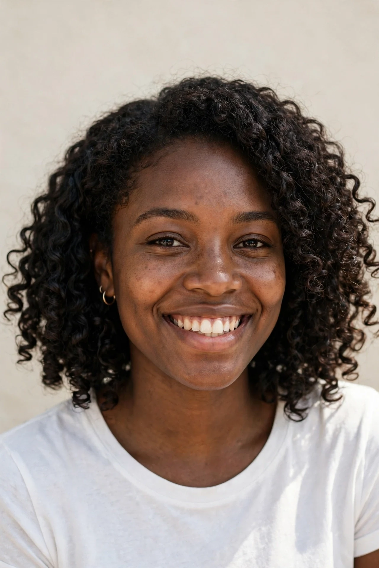 Fresh curly bob with defined natural curls on a smiling woman