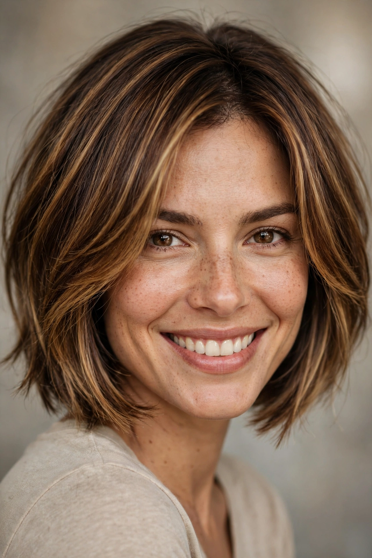 Face framing layers on a layered bob highlighting cheekbones