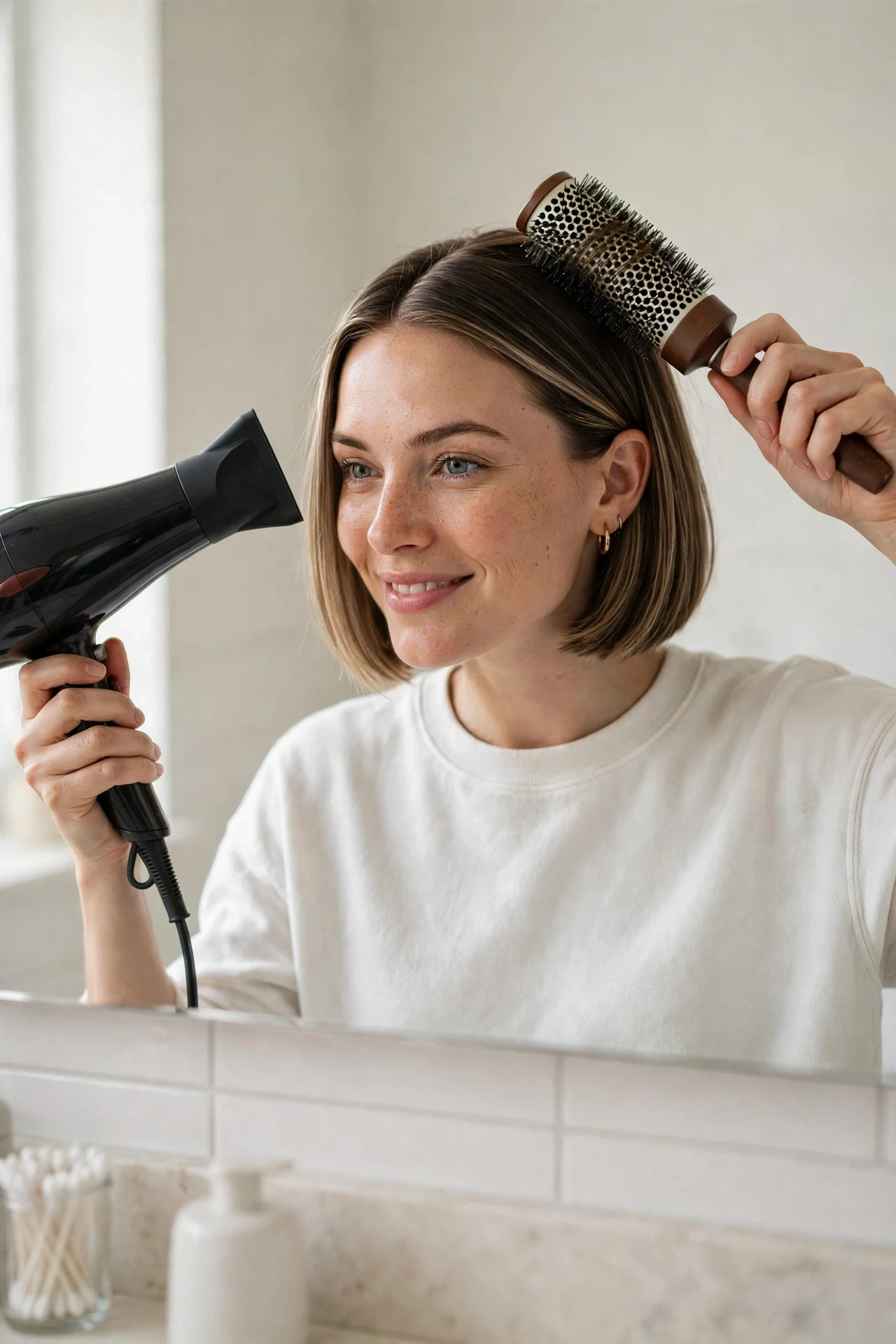 Woman blow drying her fresh bob with a round brush at home